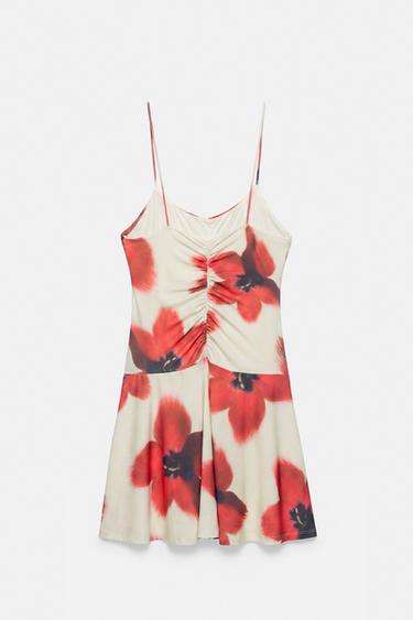 Short strappy gathered dress — Ecru/Red 7