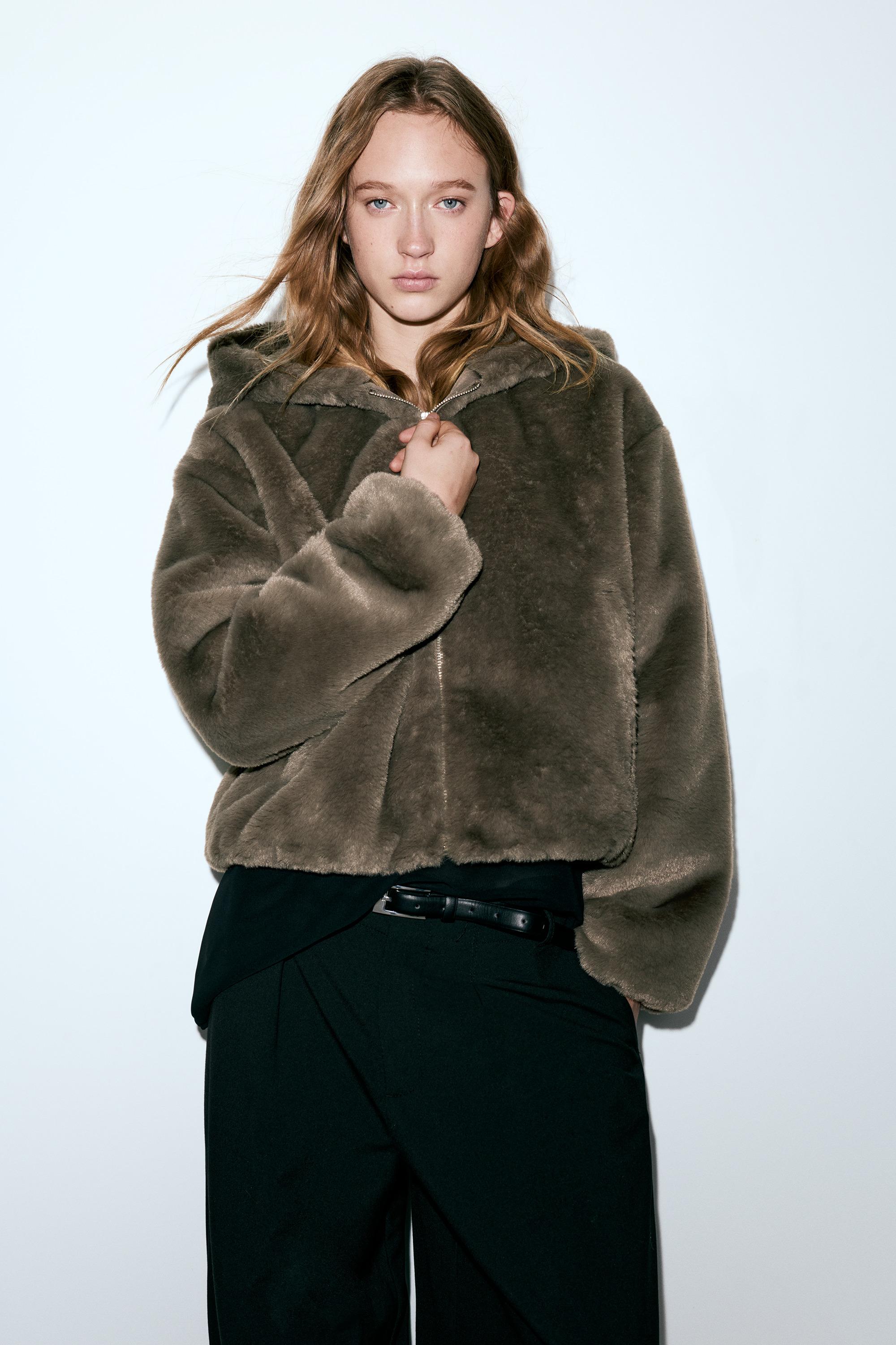 Kapüşonlu suni kürk ceket - Görsel 15