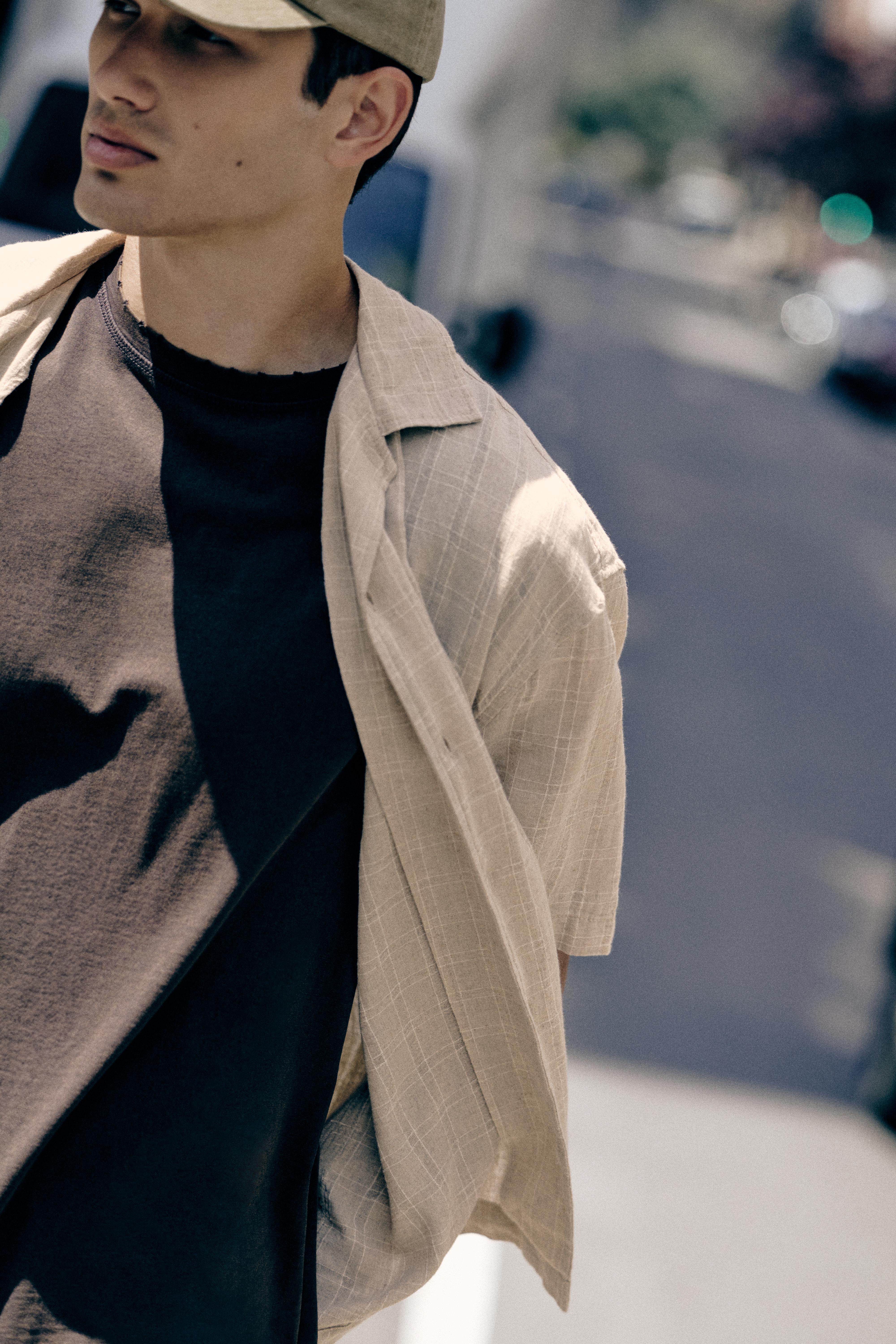 Check linen blend shirt — Sand