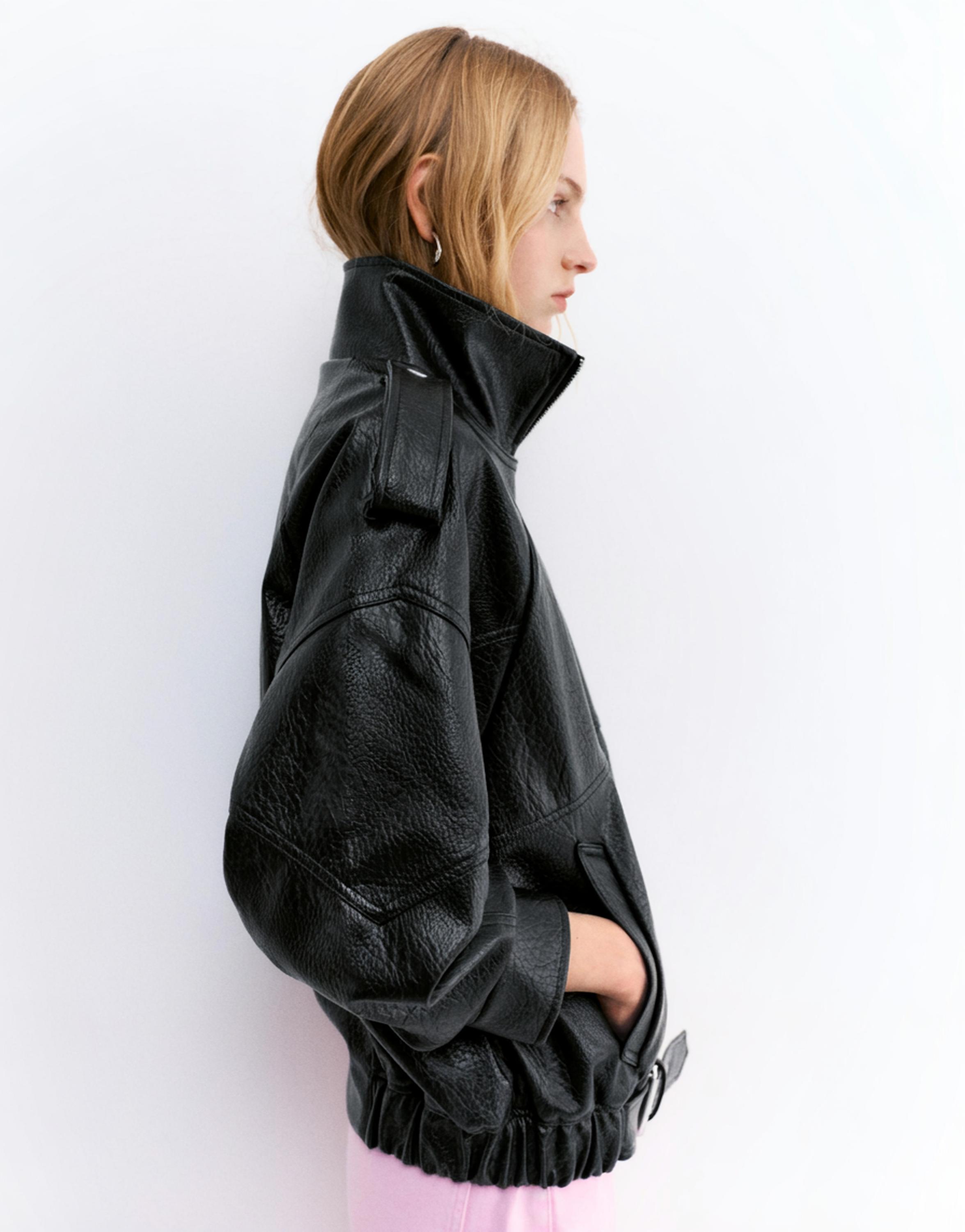 Dik yaka suni deri ceket - Görsel 23