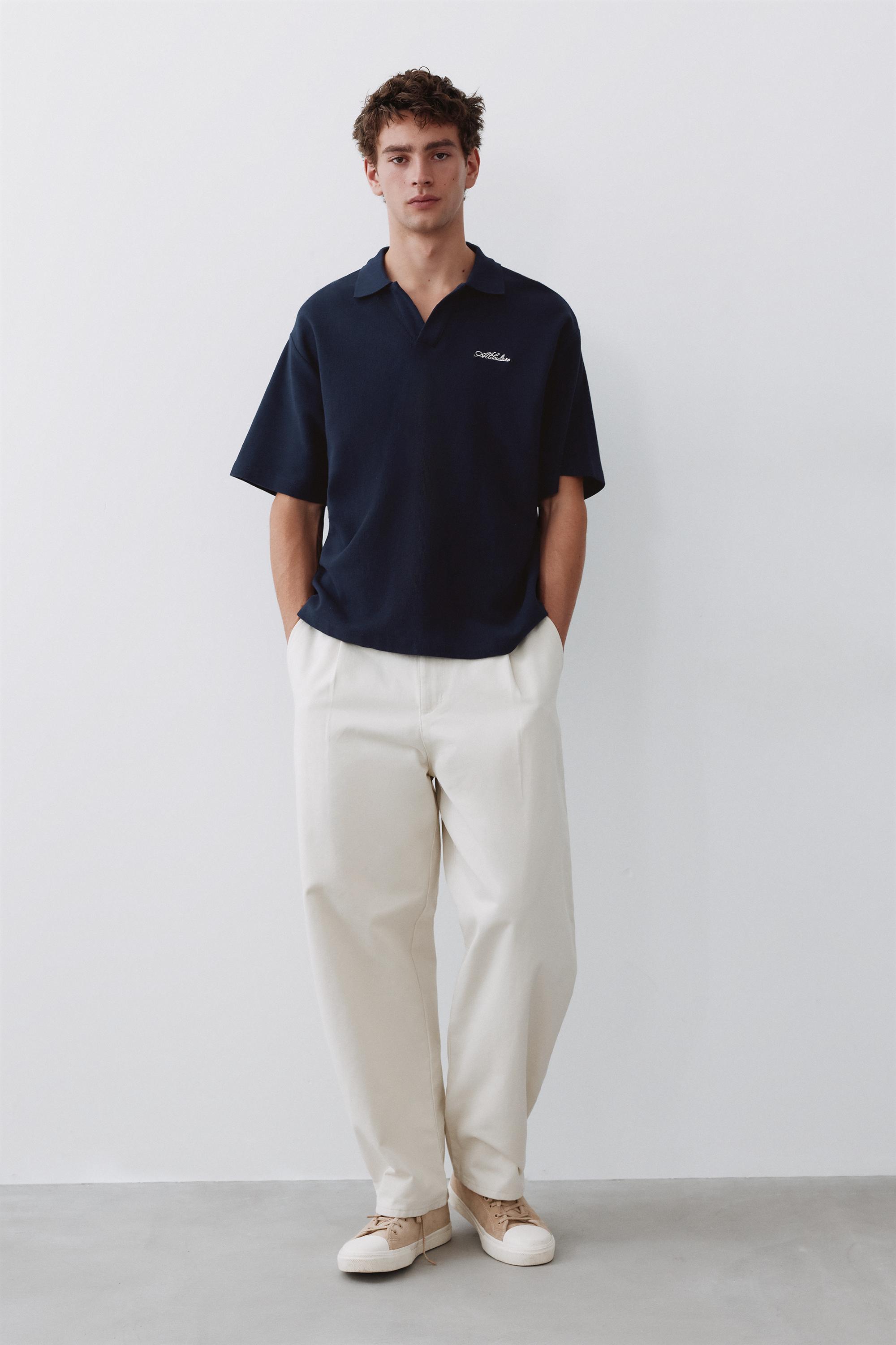 Short sleeve waffle-knit polo shirt — Navy