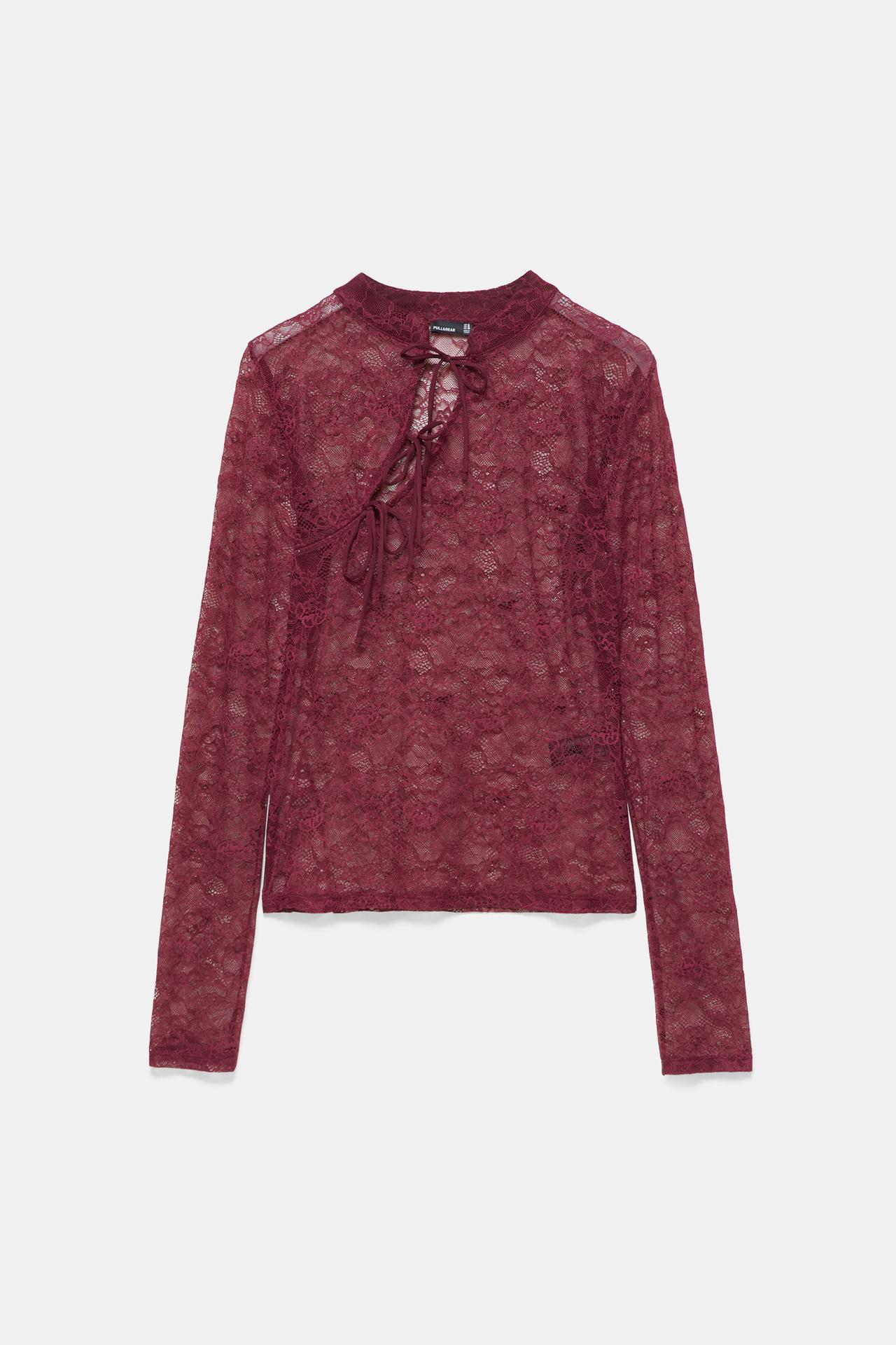 Lace stand collar top with fireman clasps — Burgundy