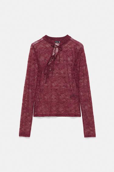 Lace stand collar top with fireman clasps — Burgundy 6