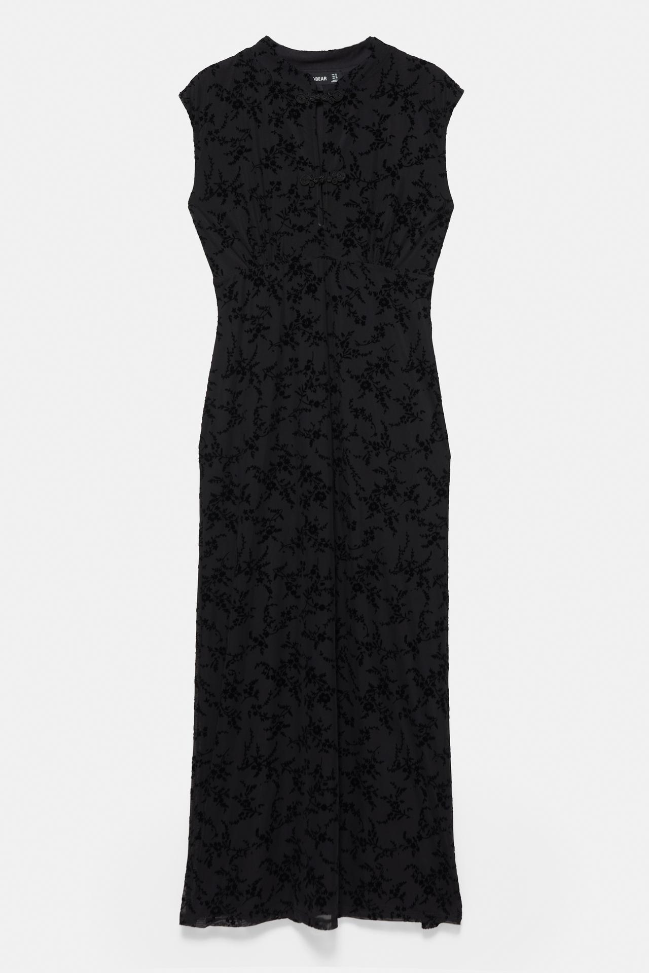 Stand collar midi dress with frog fastenings — Black