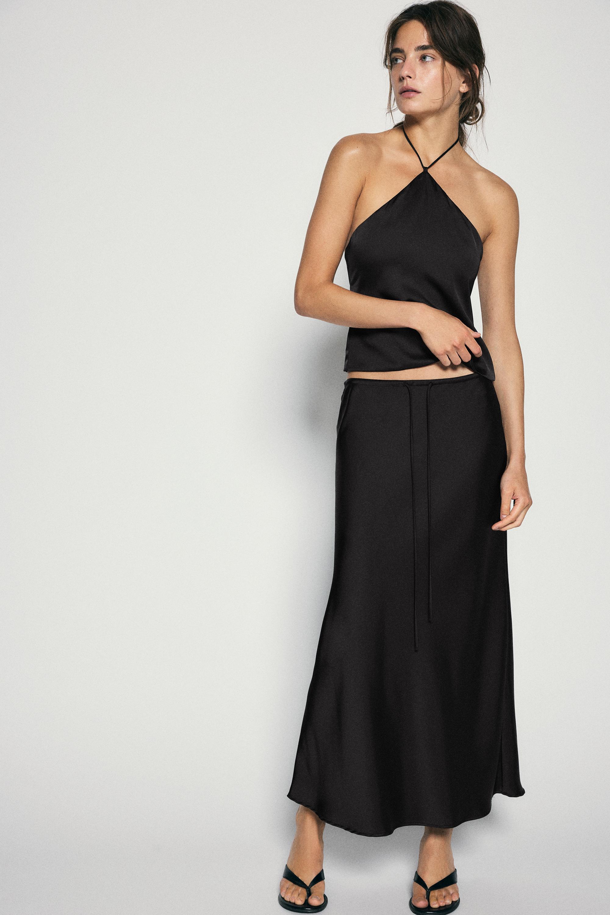 Satin drawstring midi skirt — Black