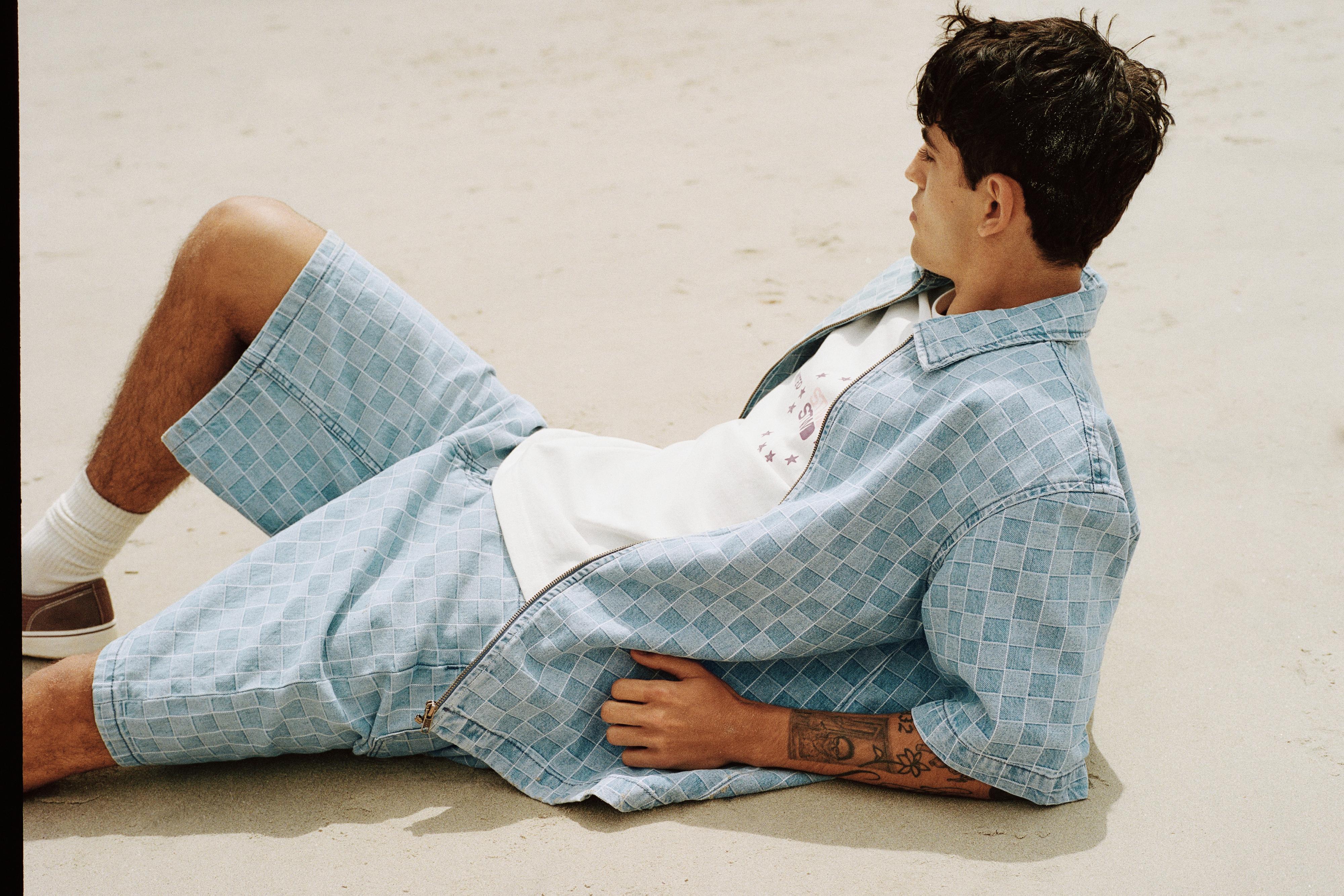 Check zip-up denim shirt — Medium blue