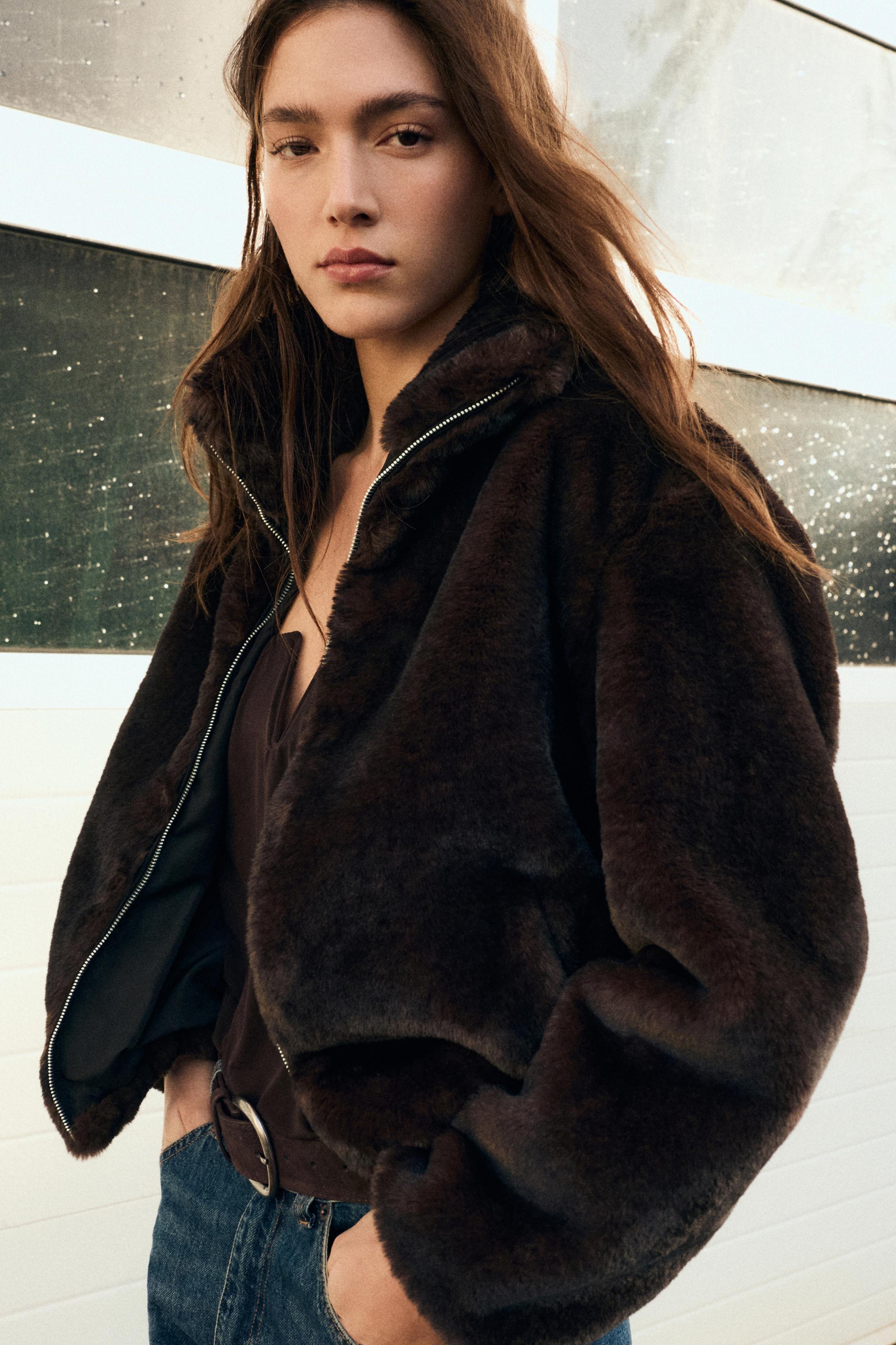 Dik yaka suni kürk ceket - Görsel 16