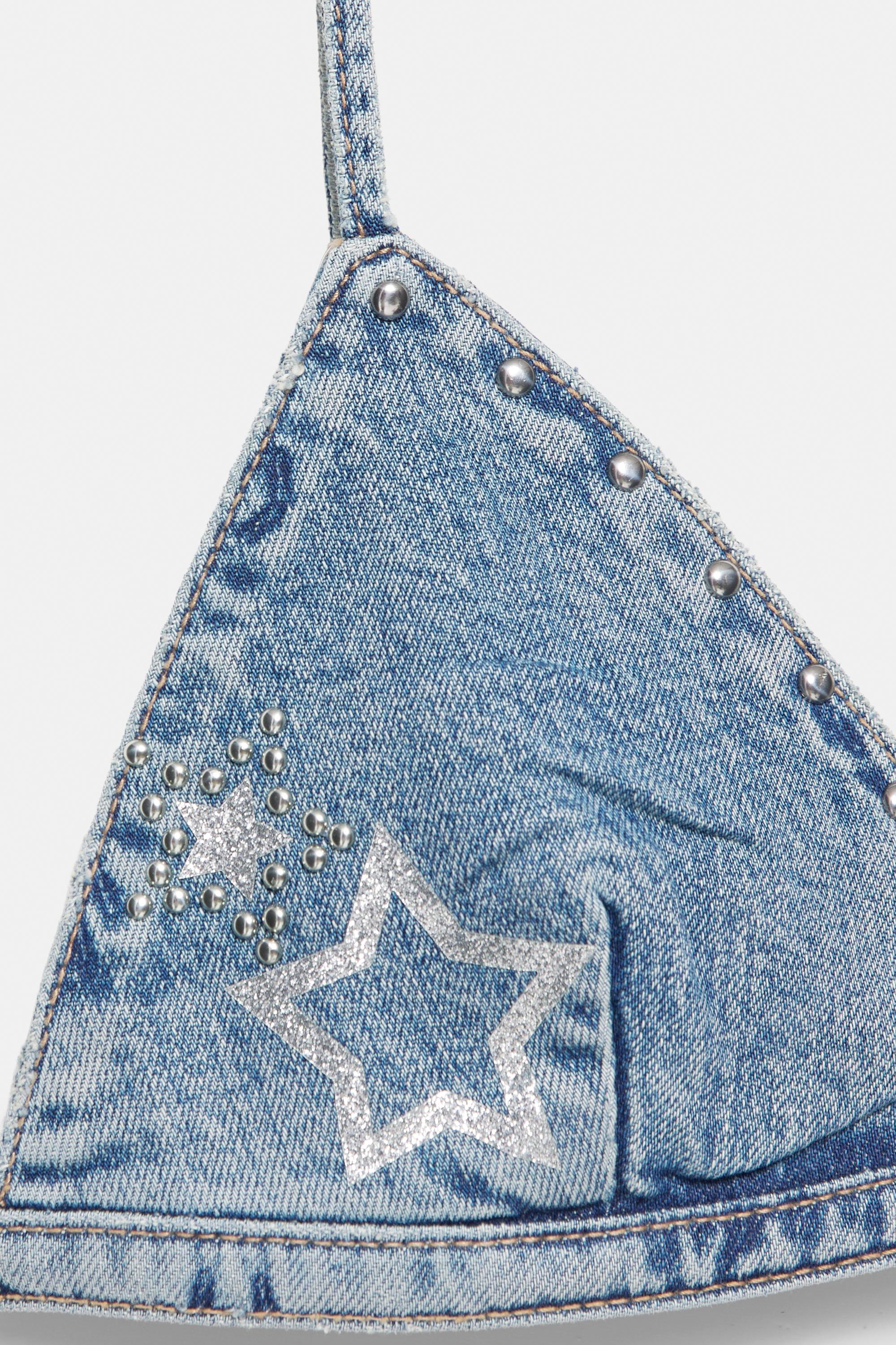 Studded star denim triangle top — Medium blue
