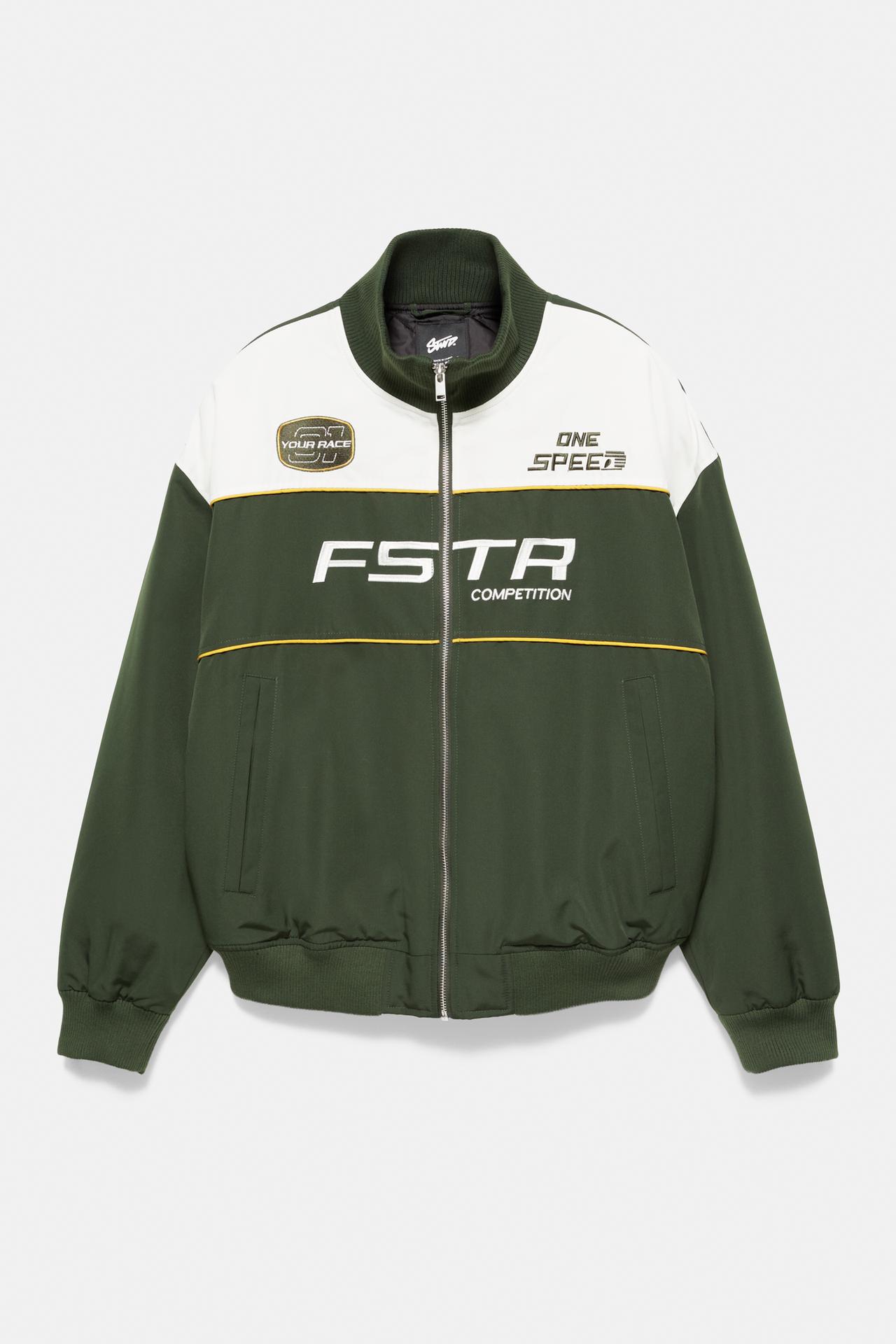 Racing graphic puffer jacket — Green marl