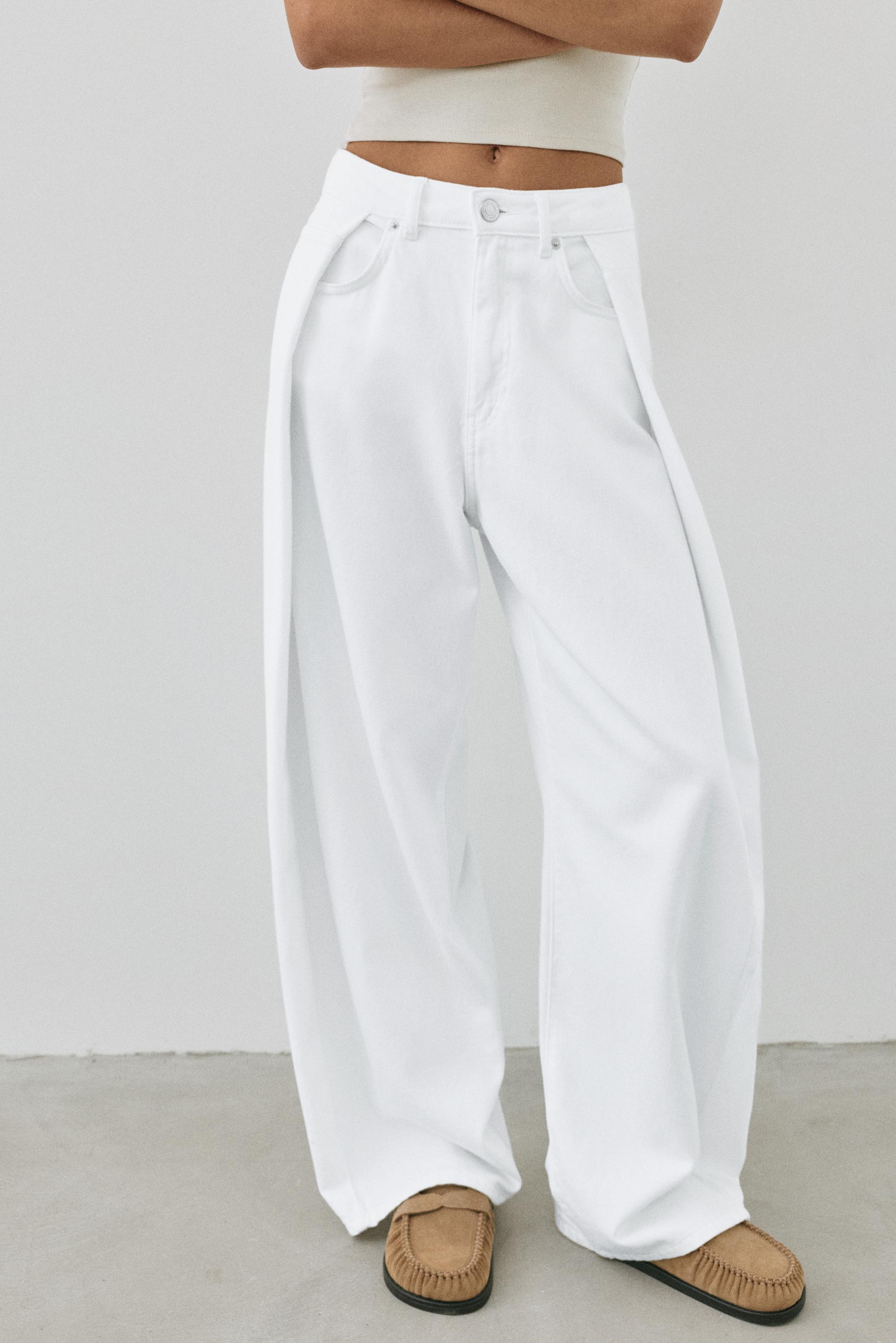 Pleated balloon fit baggy jeans — White