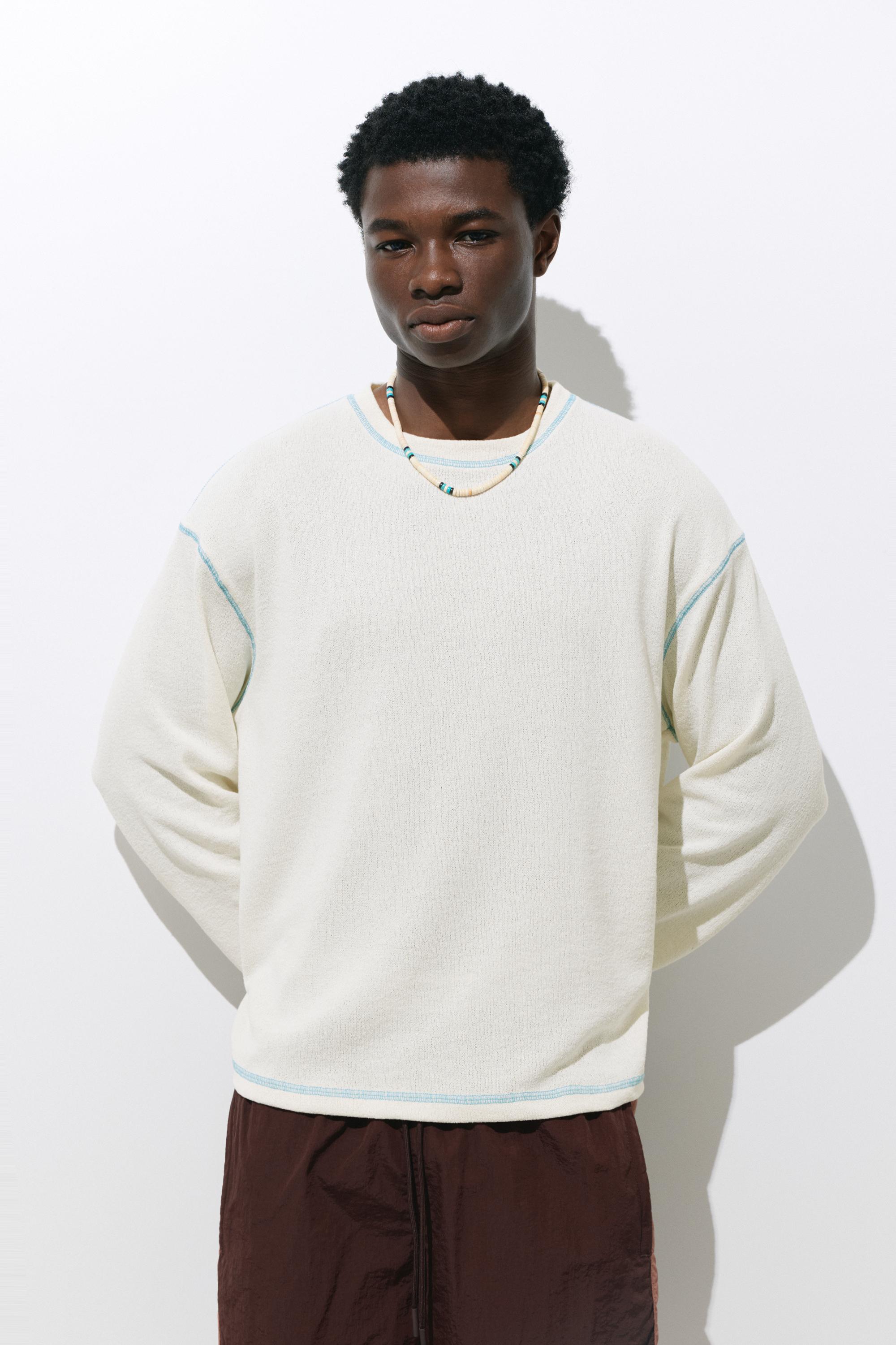 Long sleeve graphic T-shirt with topstitching — Ecru