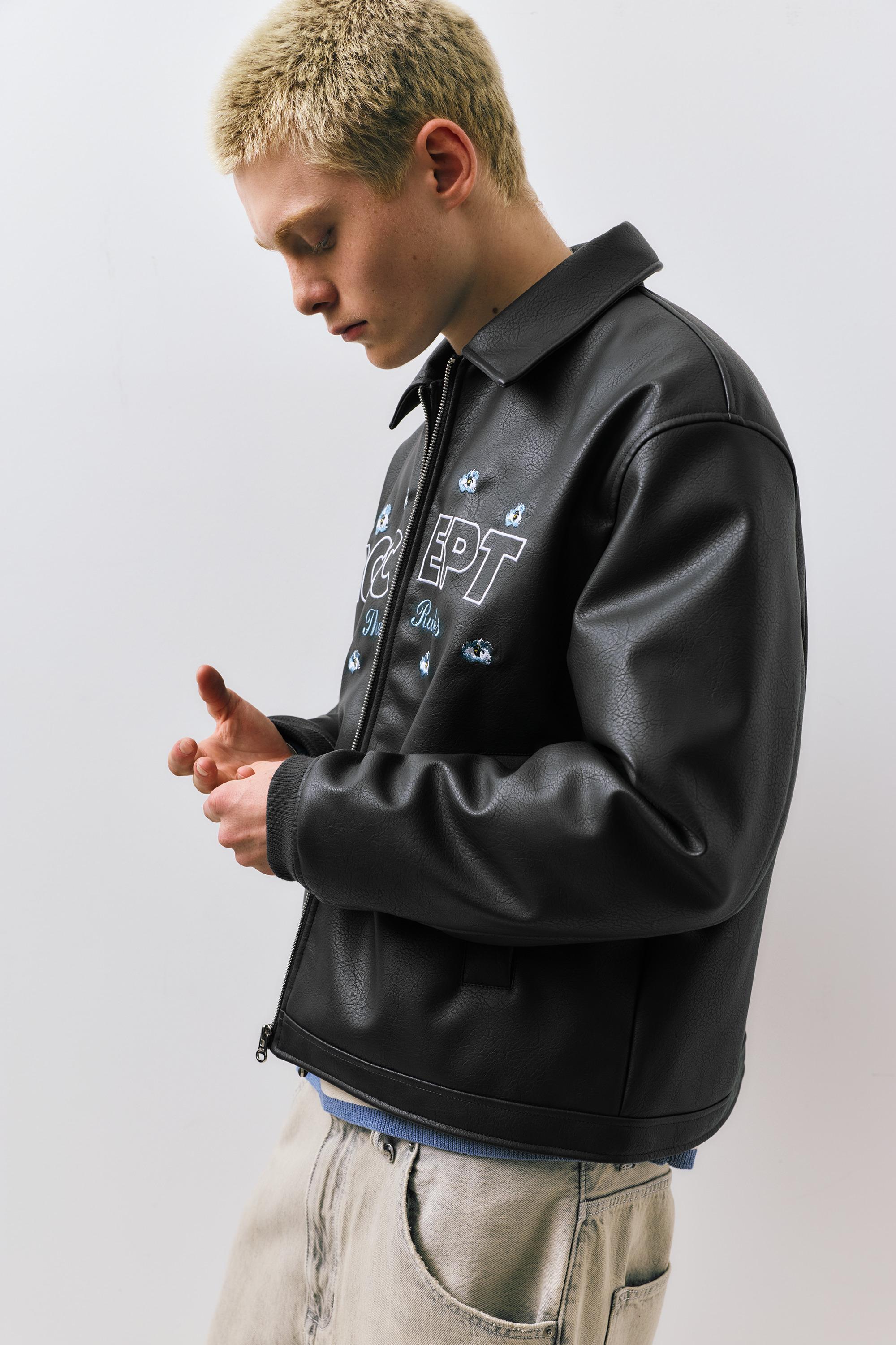 Faux leather jacket with flowers — Black