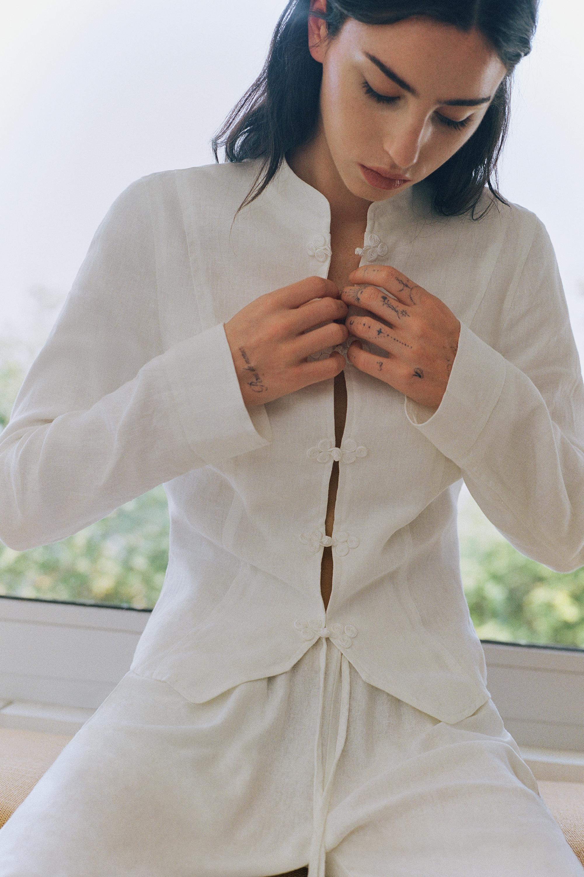 100% linen toggle jacket — White