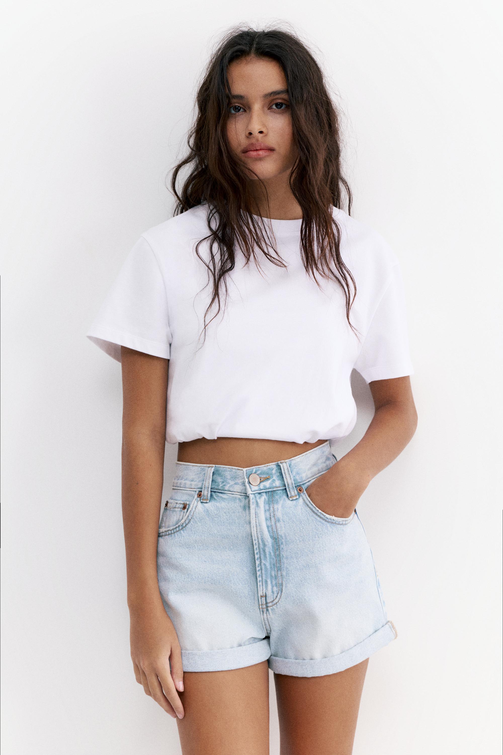 Denim turn-up mom shorts — Pale blue