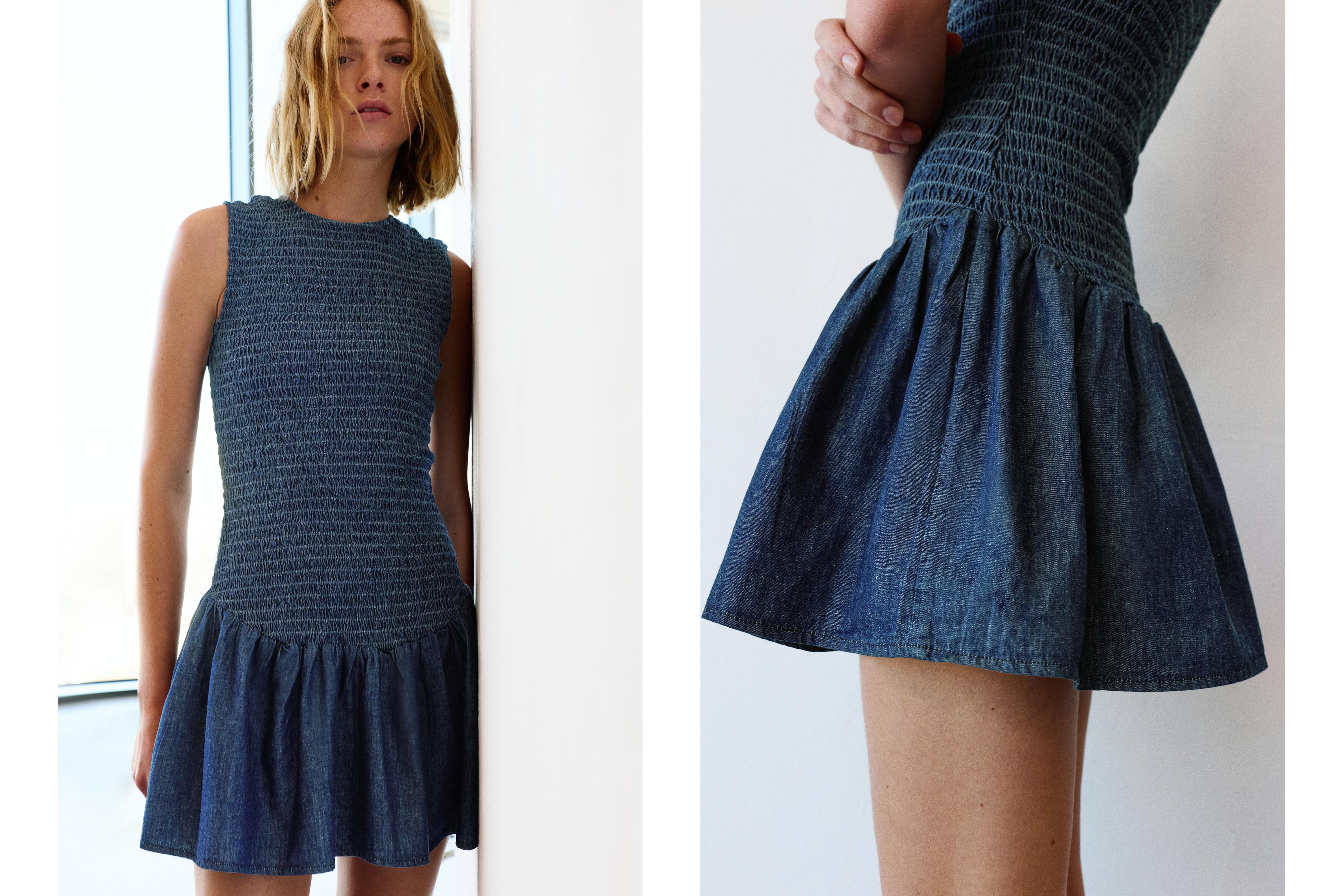 Short smocked denim dress — Dark blue