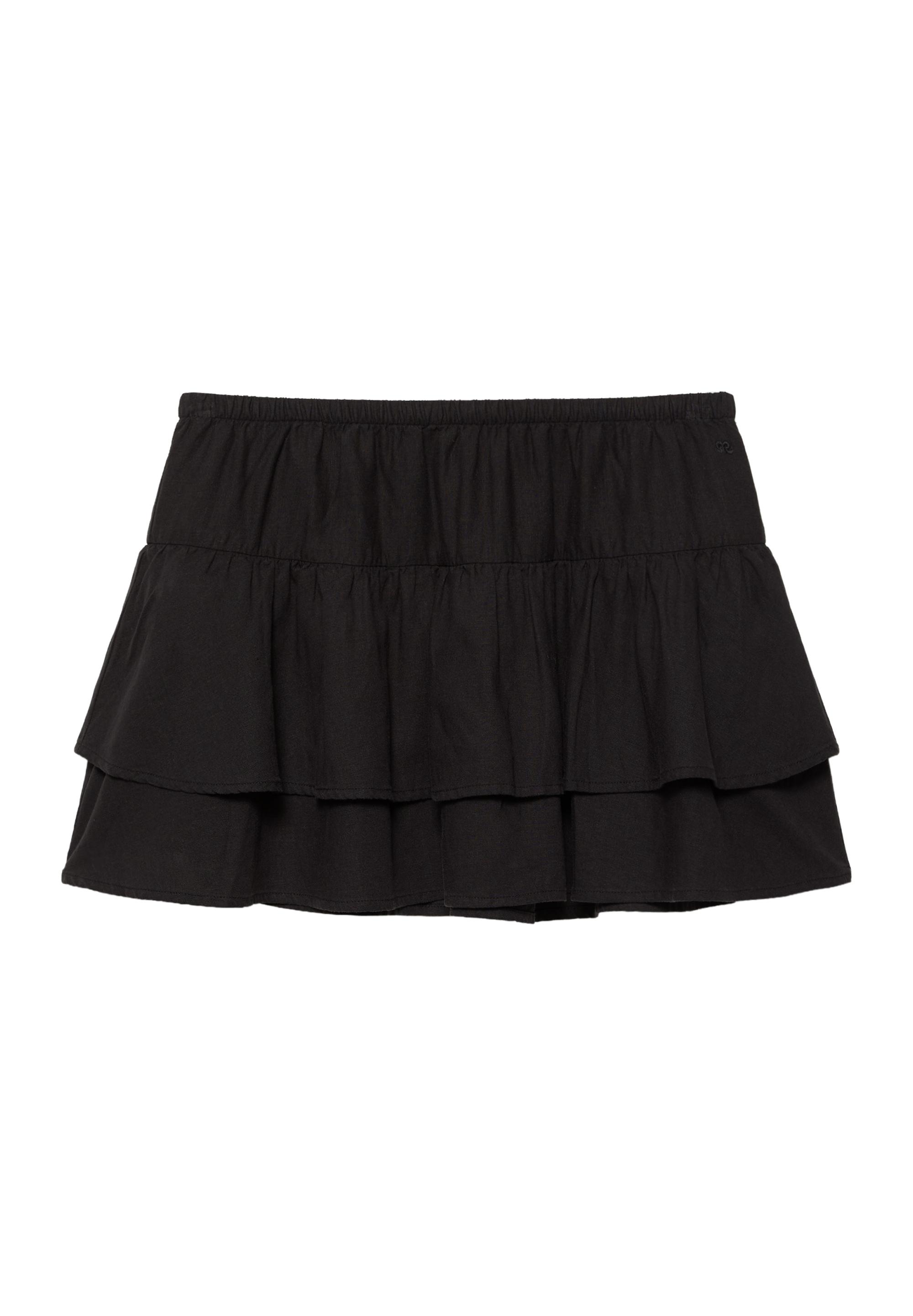 Ruffled mini skirt with linen — Black