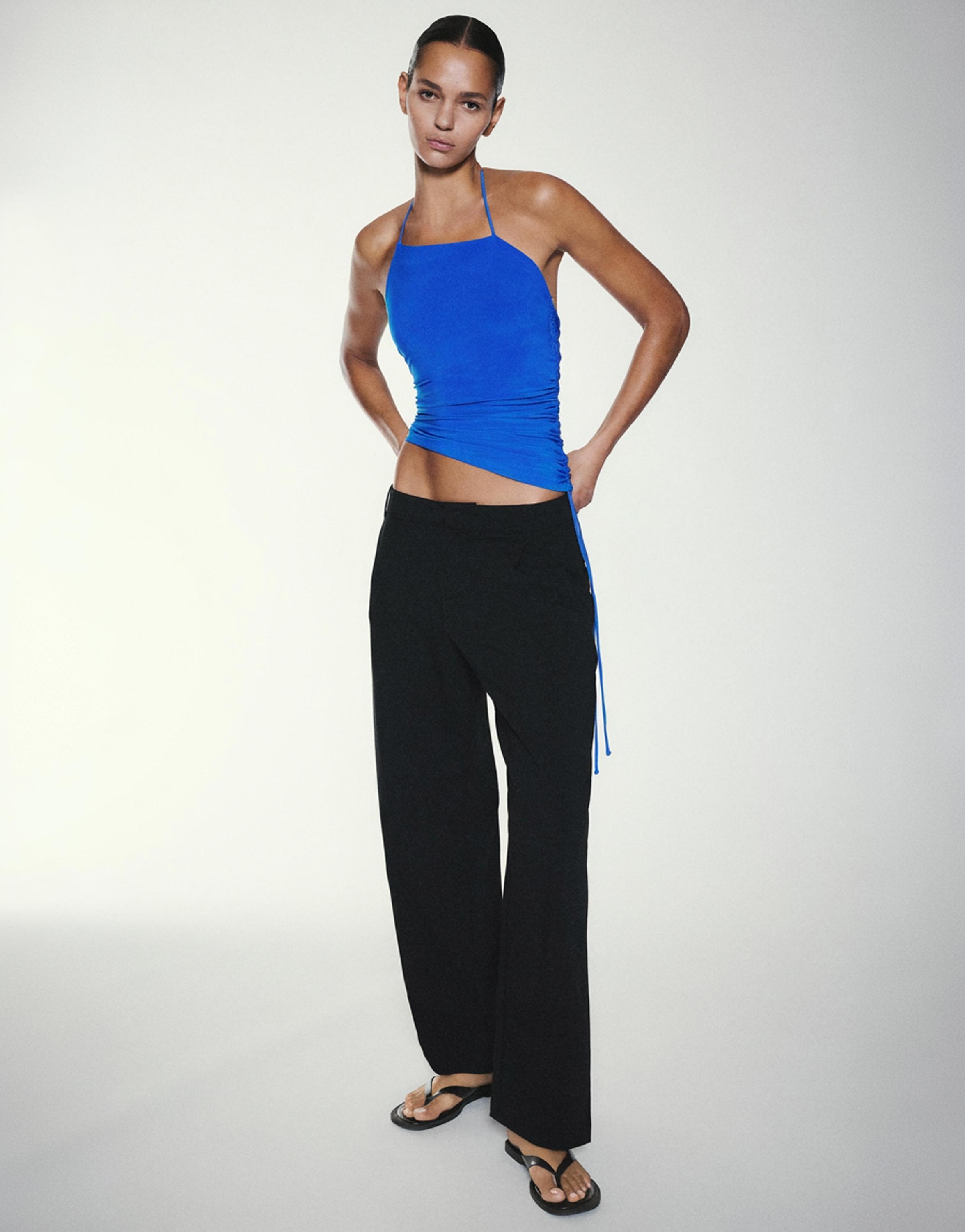 Asymmetric gathered halter top — Deep blue