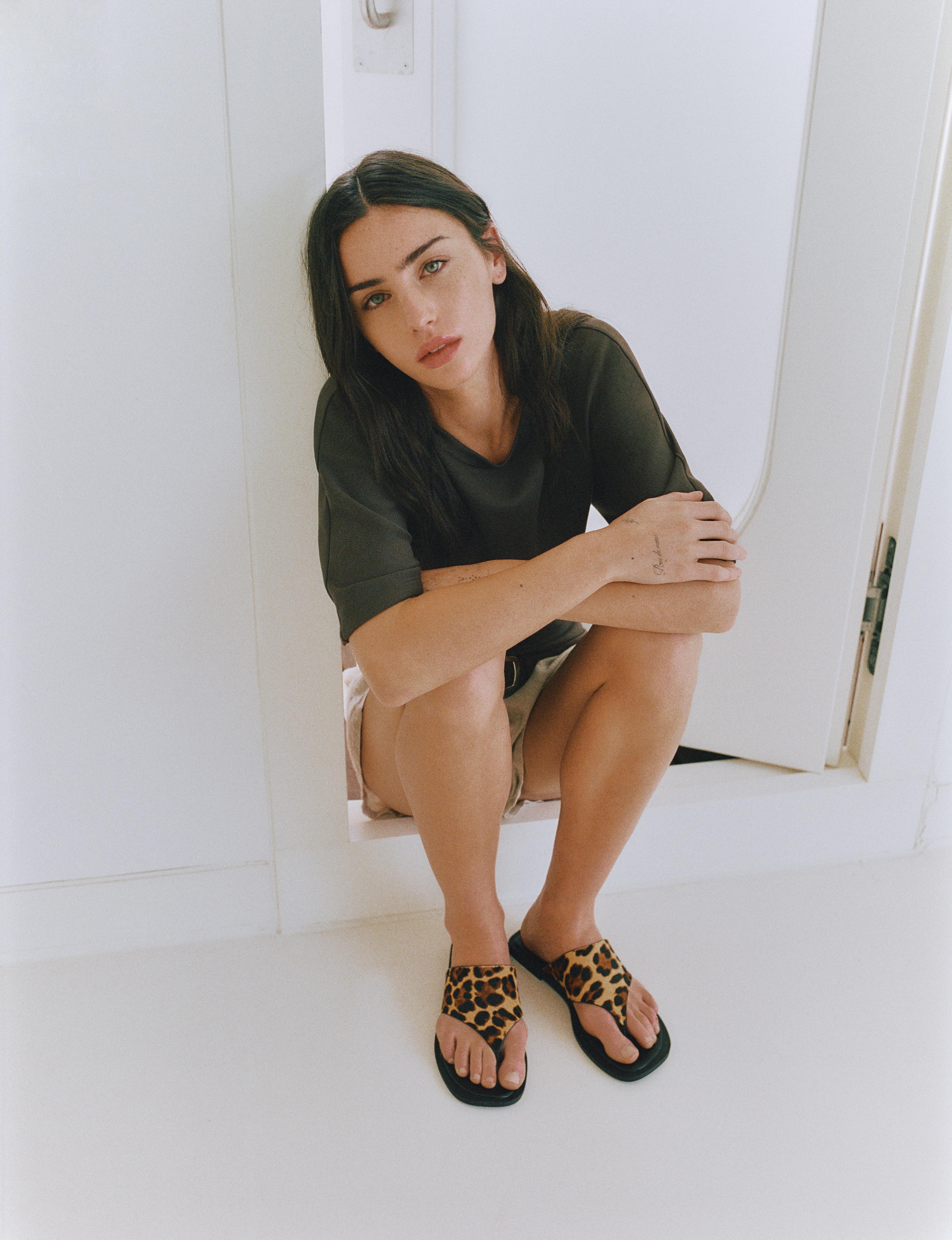 Leopard print leather flat slider sandals — Leopard