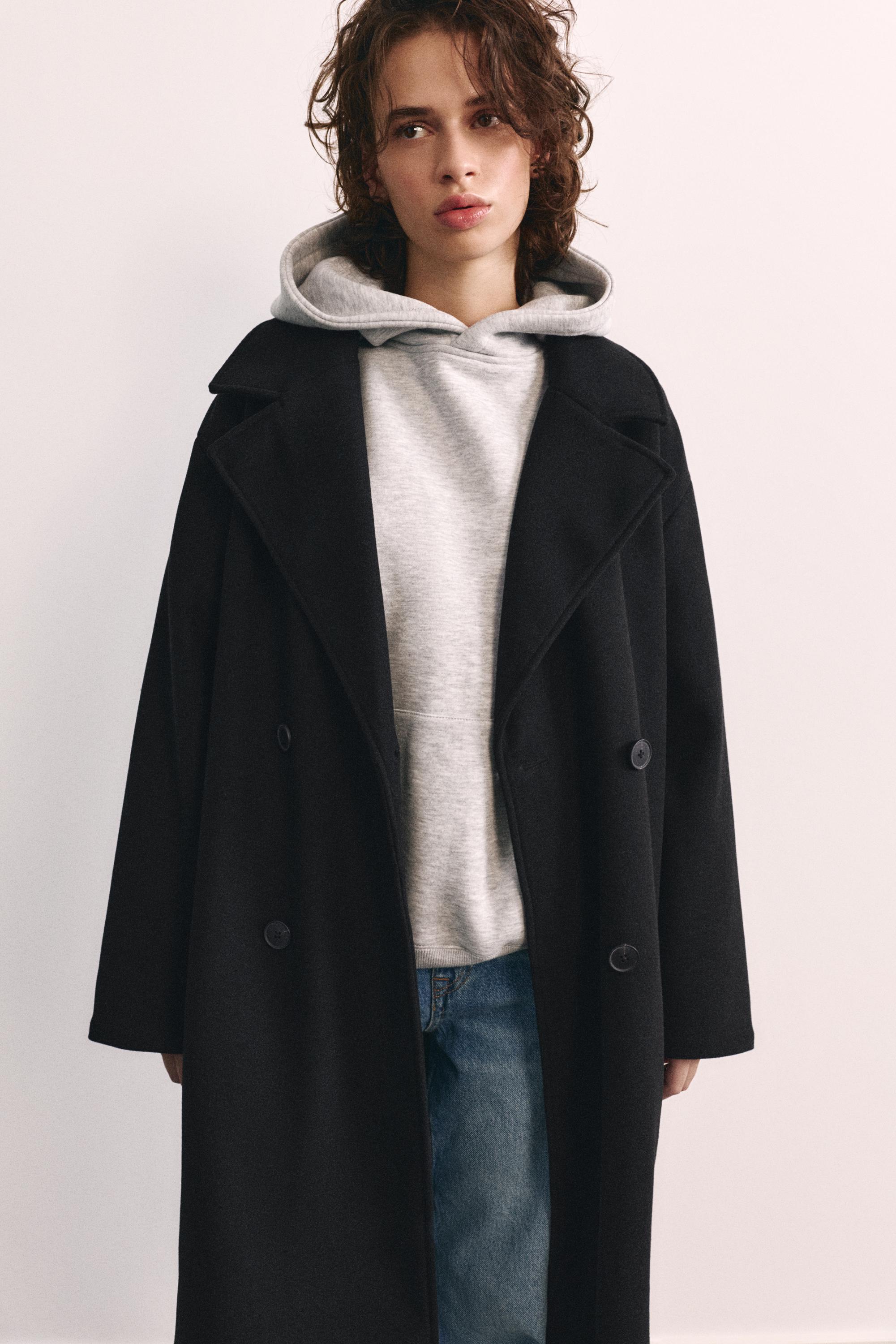 Double-breasted felt texture coat — Black