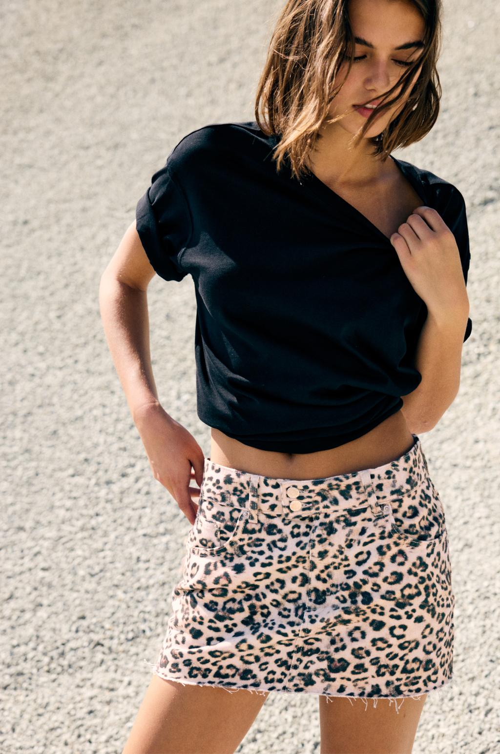Leopard print denim mini skirt pull&bear