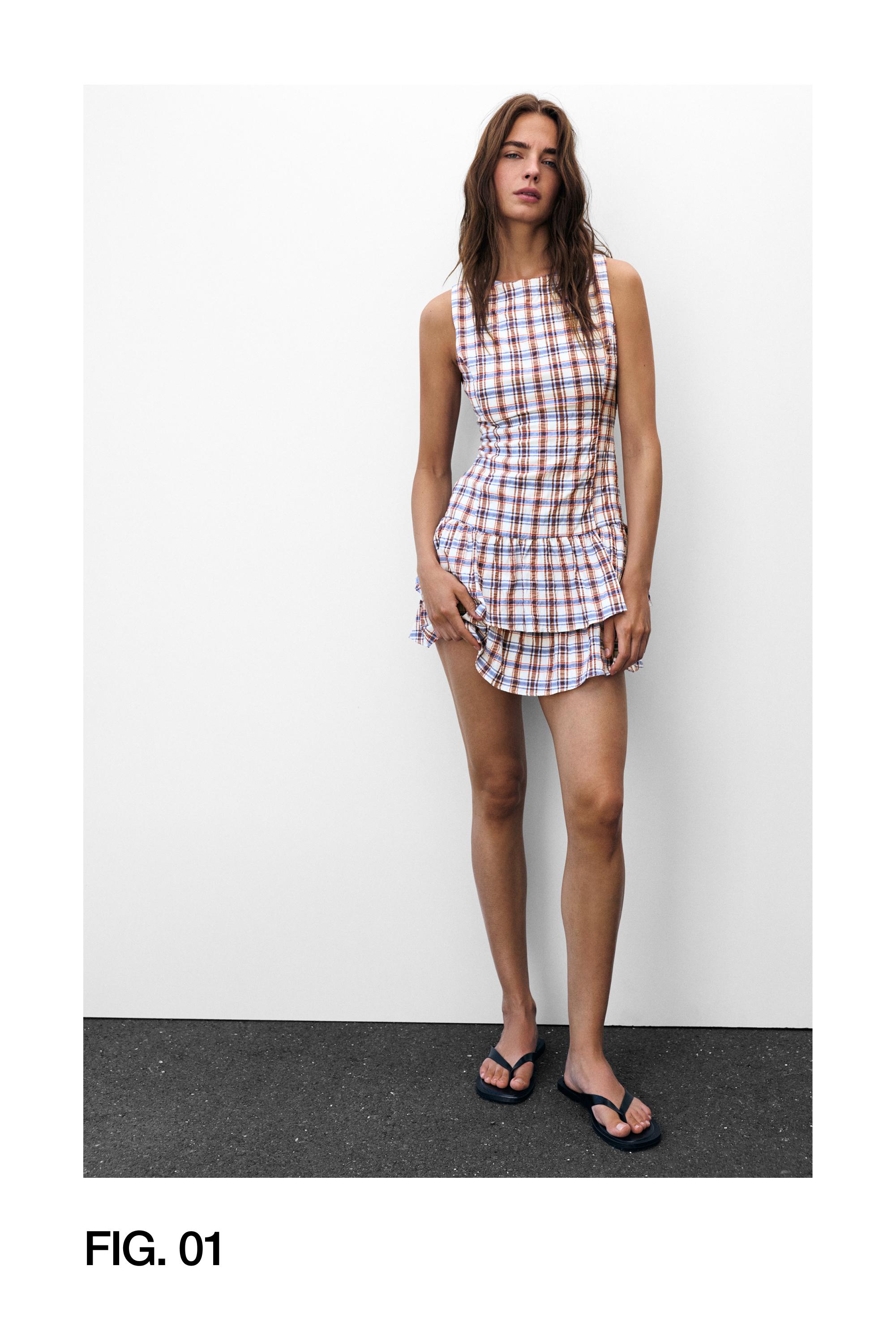 Check ruffle short dress — Blue