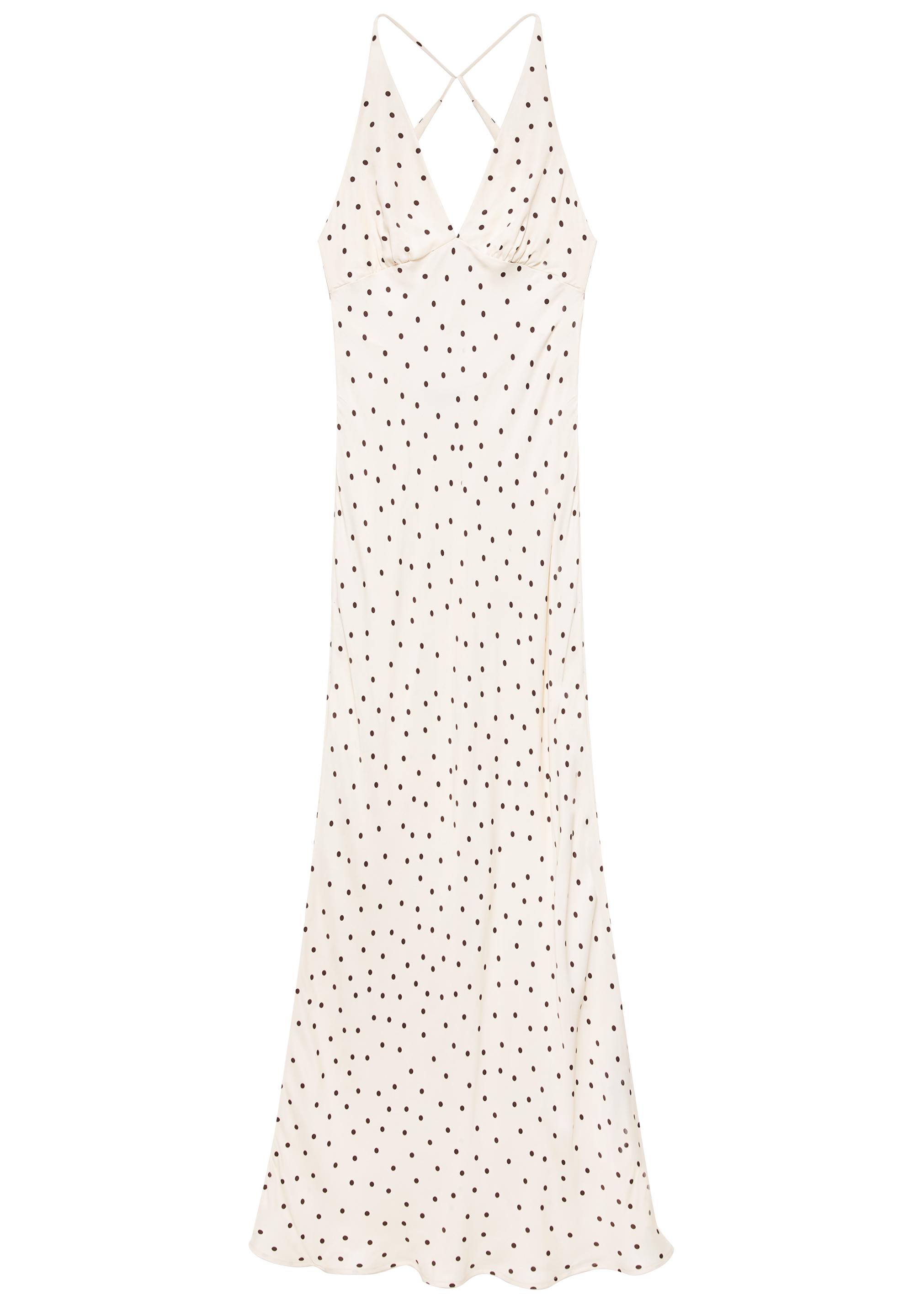 Saten puantiyeli askılı sırt dekolteli elbise