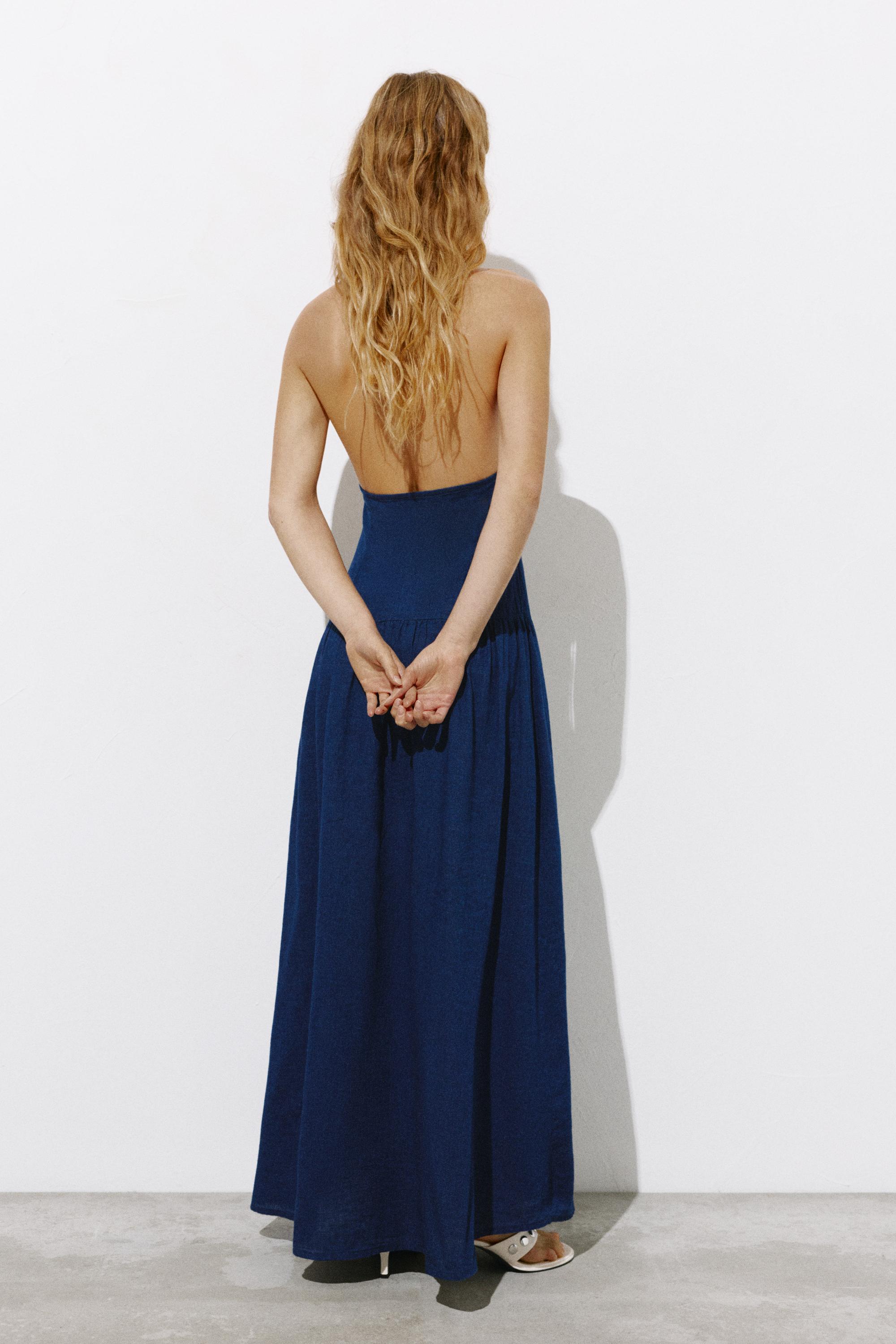 Long halter denim dress — Dark blue