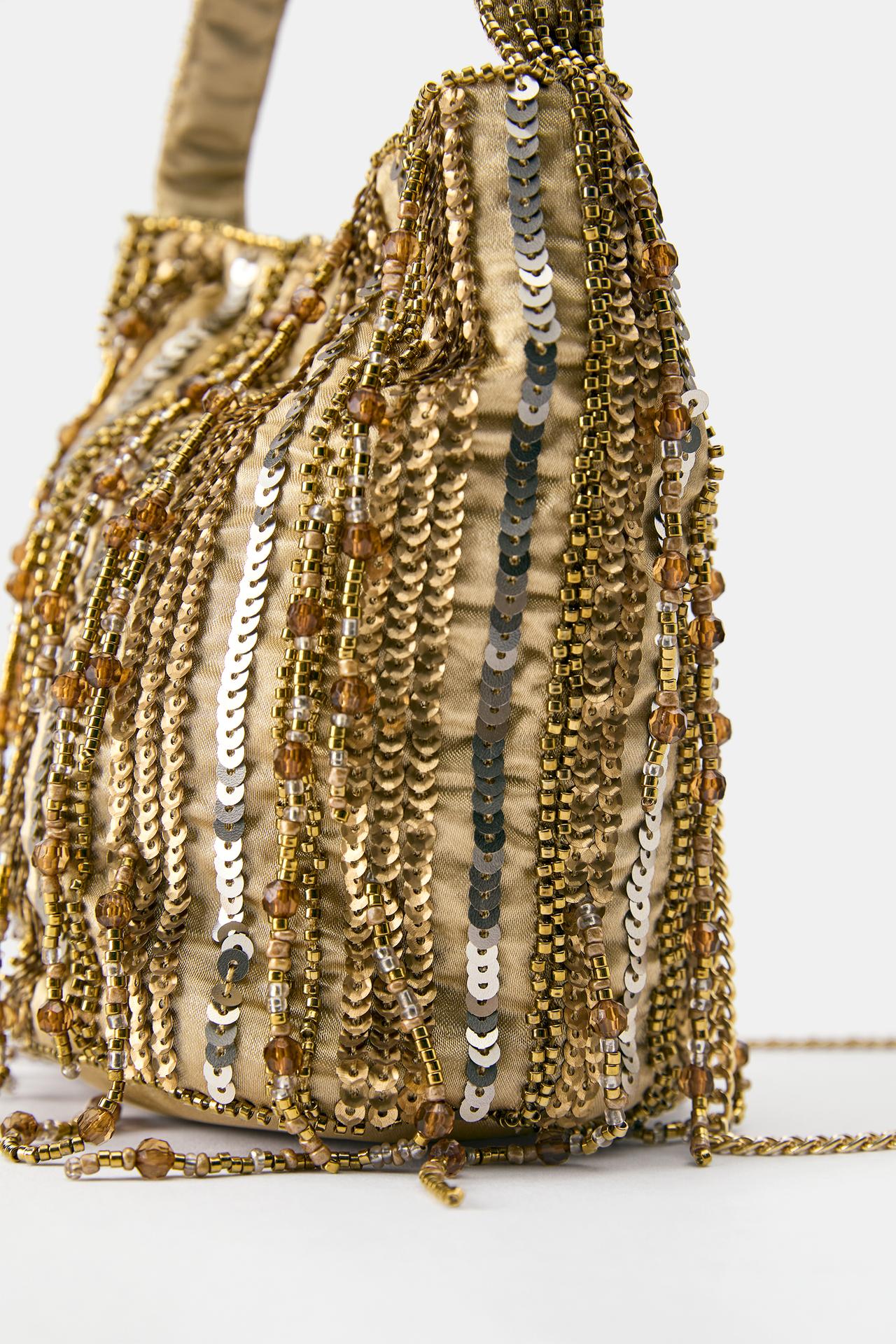 Suede beaded bucket bag — Gold