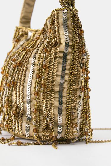Suede beaded bucket bag — Gold 4