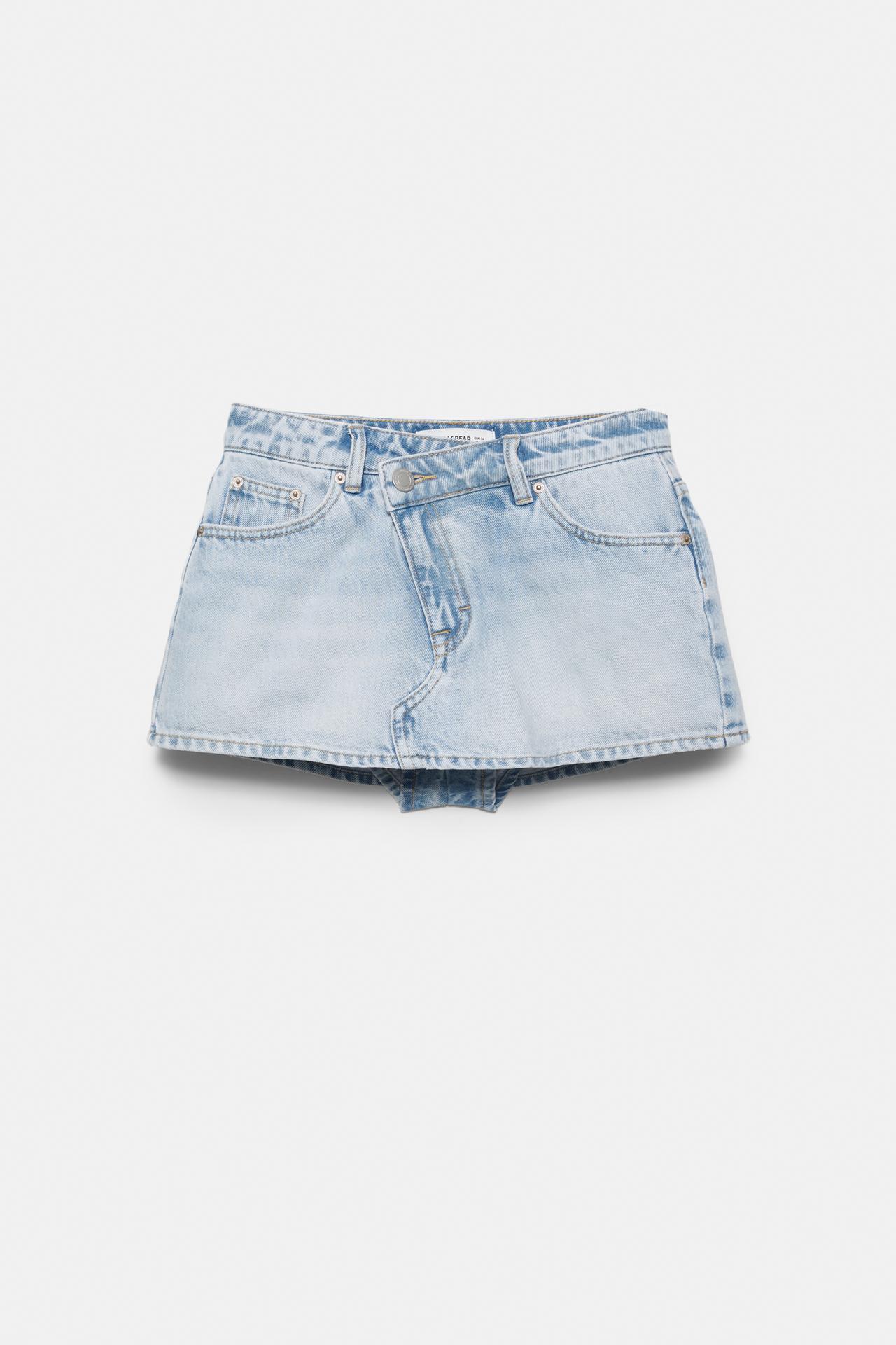 Cross-waist denim skort — Pale blue