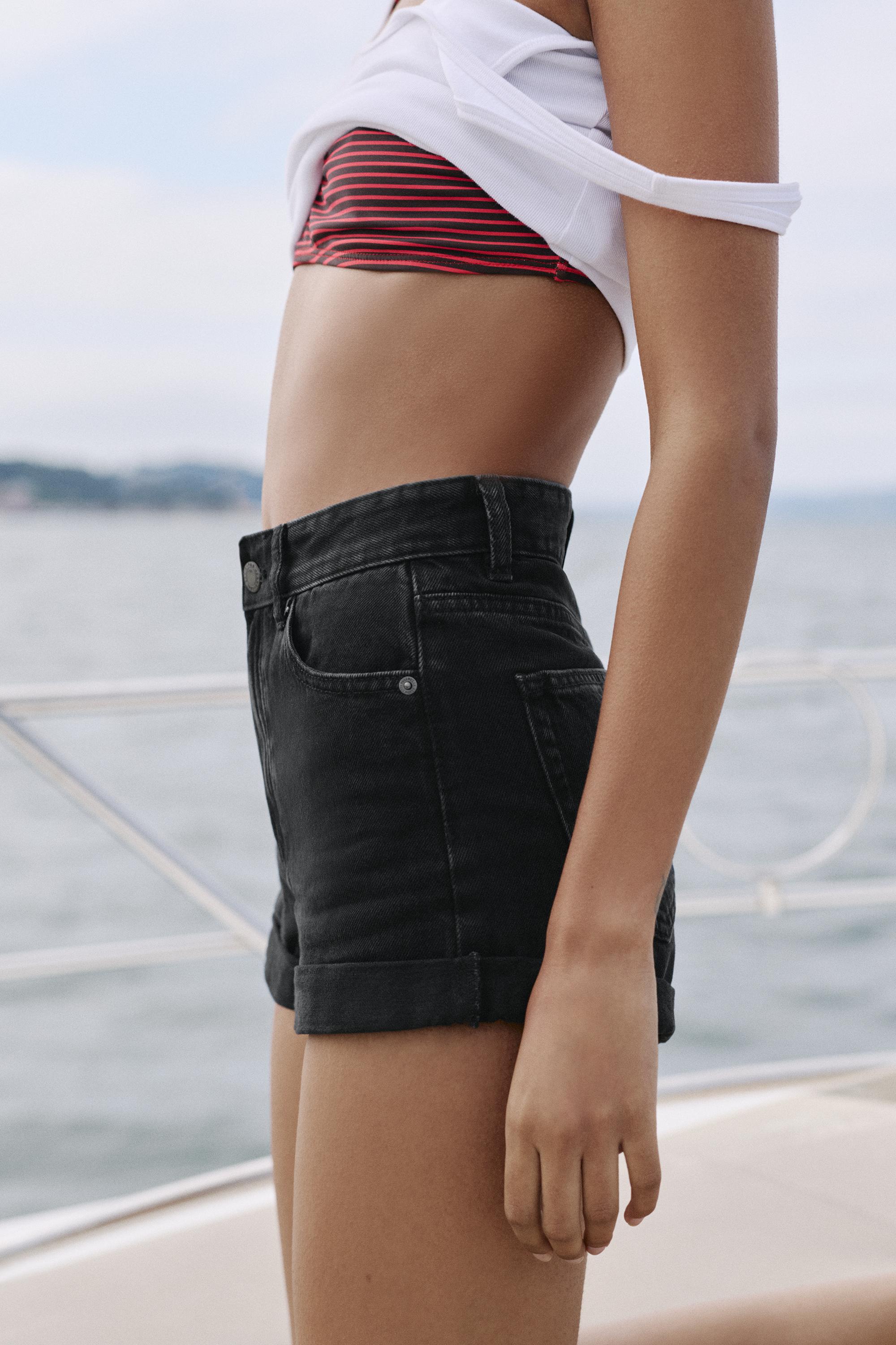Denim mom fit shorts with turn-up hems — Black
