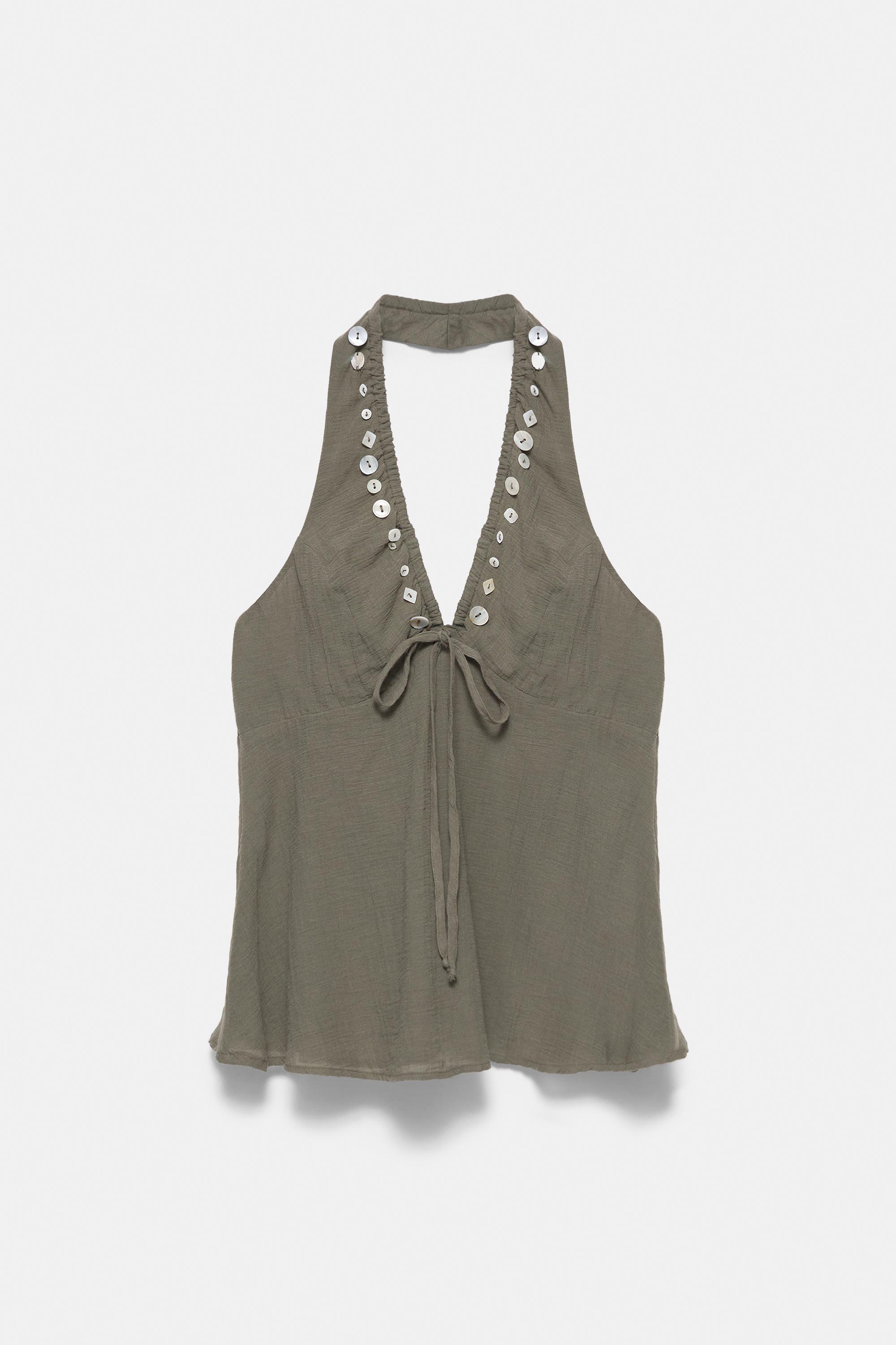 Halter neck top with buttons — Khaki
