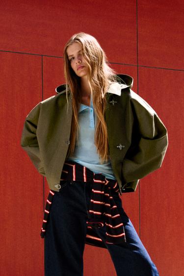 Short trench coat with hood and fireman clasp — Khaki 1