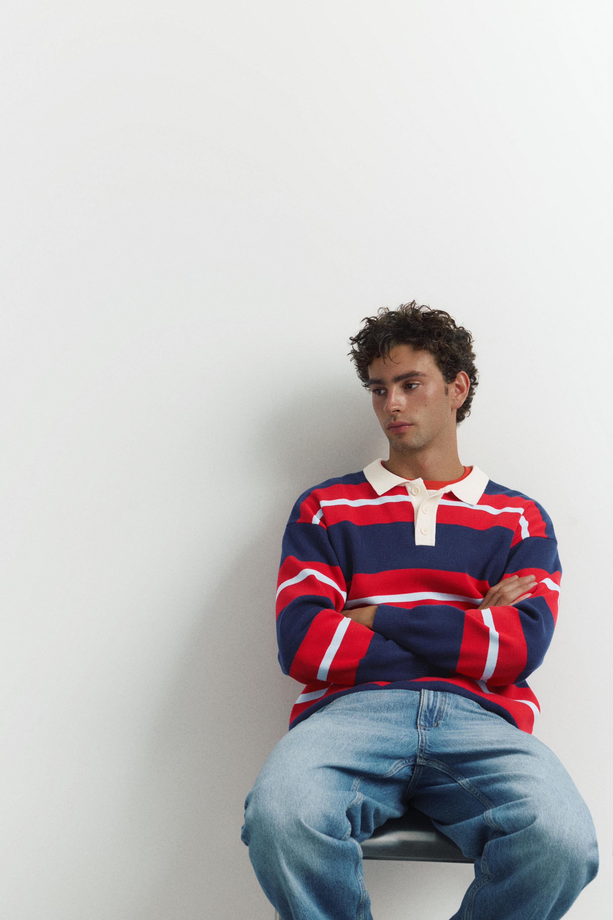 Striped knit polo shirt — Navy
