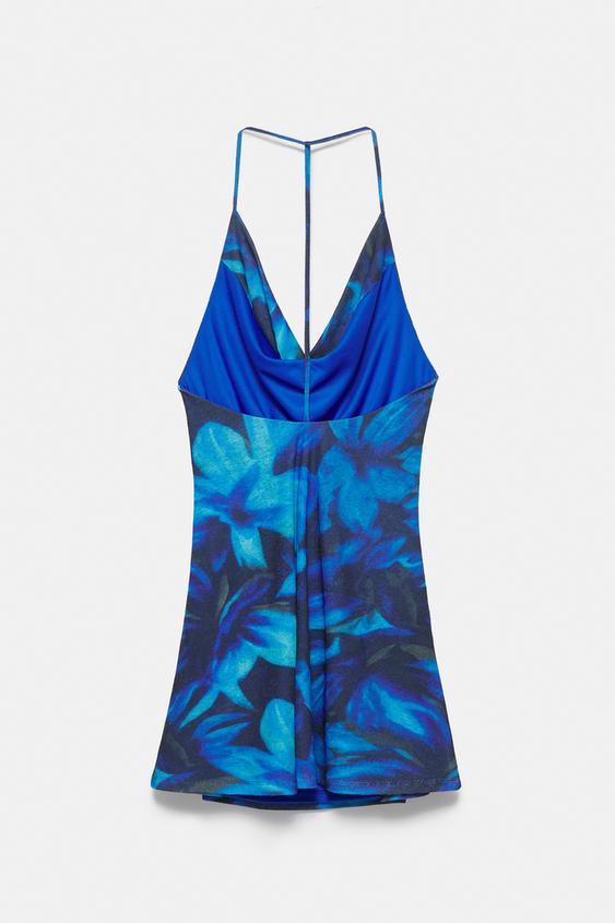 Çiçekli halter yaka kısa elbise