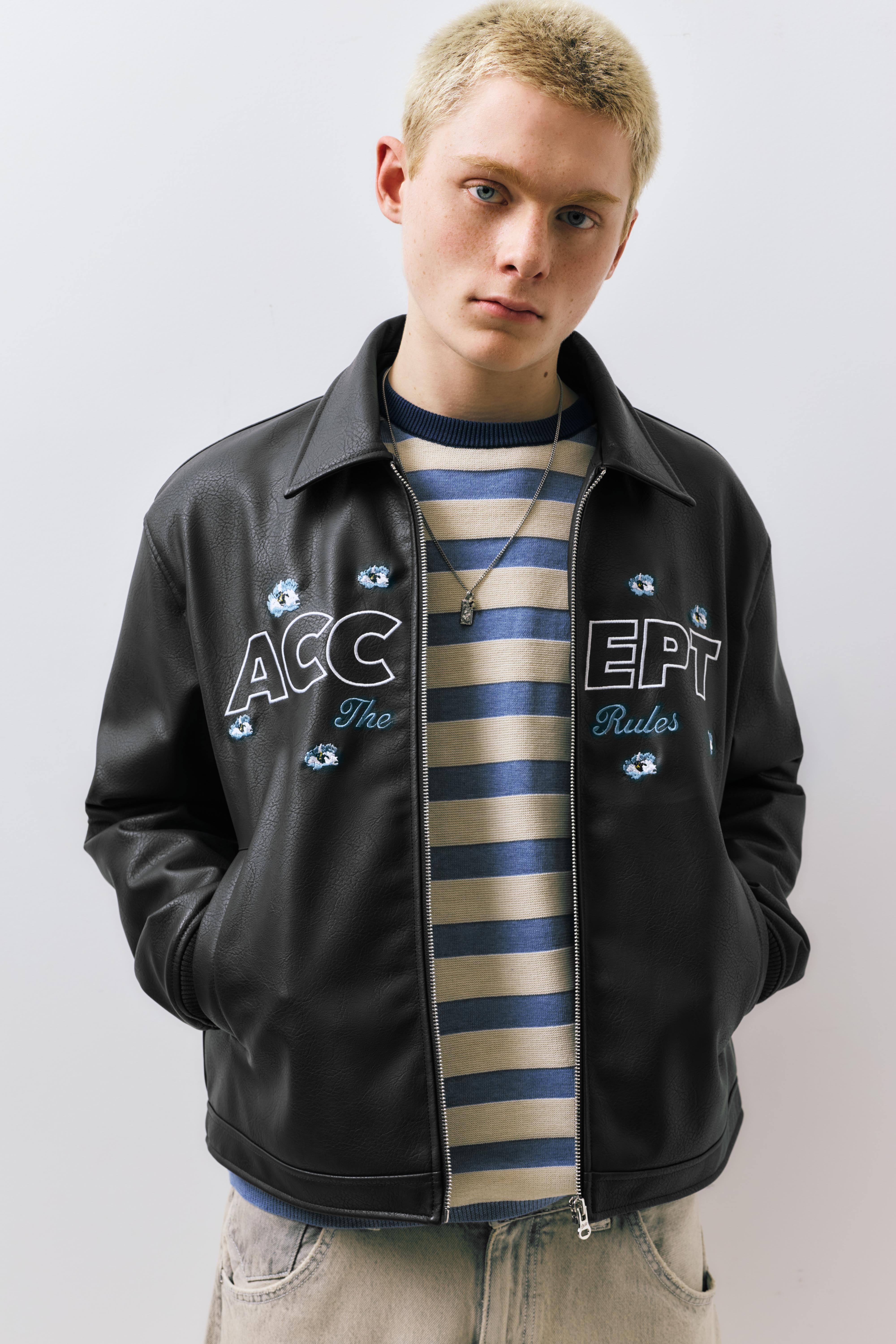 Faux leather jacket with flowers — Black