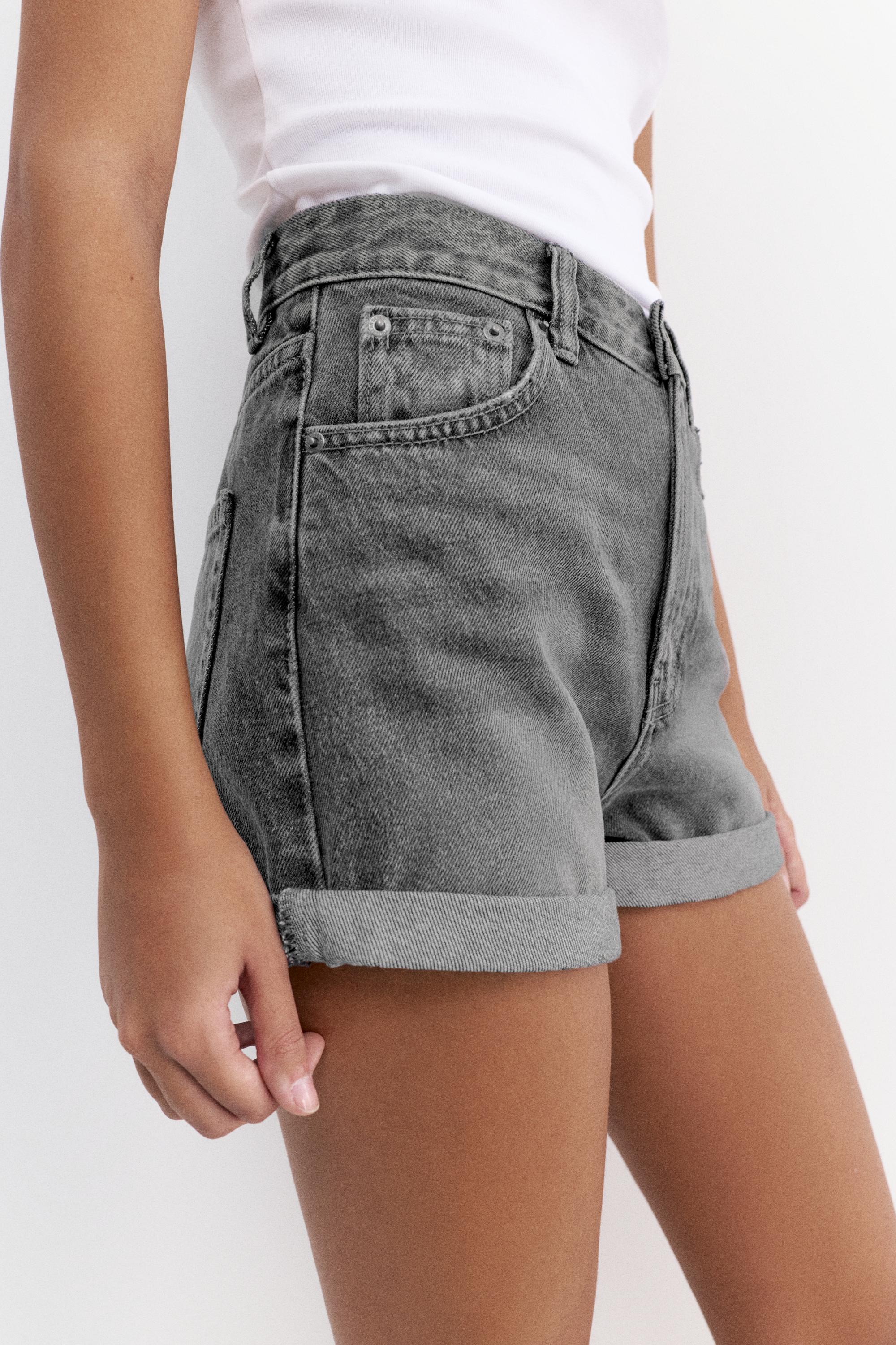Denim turn-up mom shorts — Grey