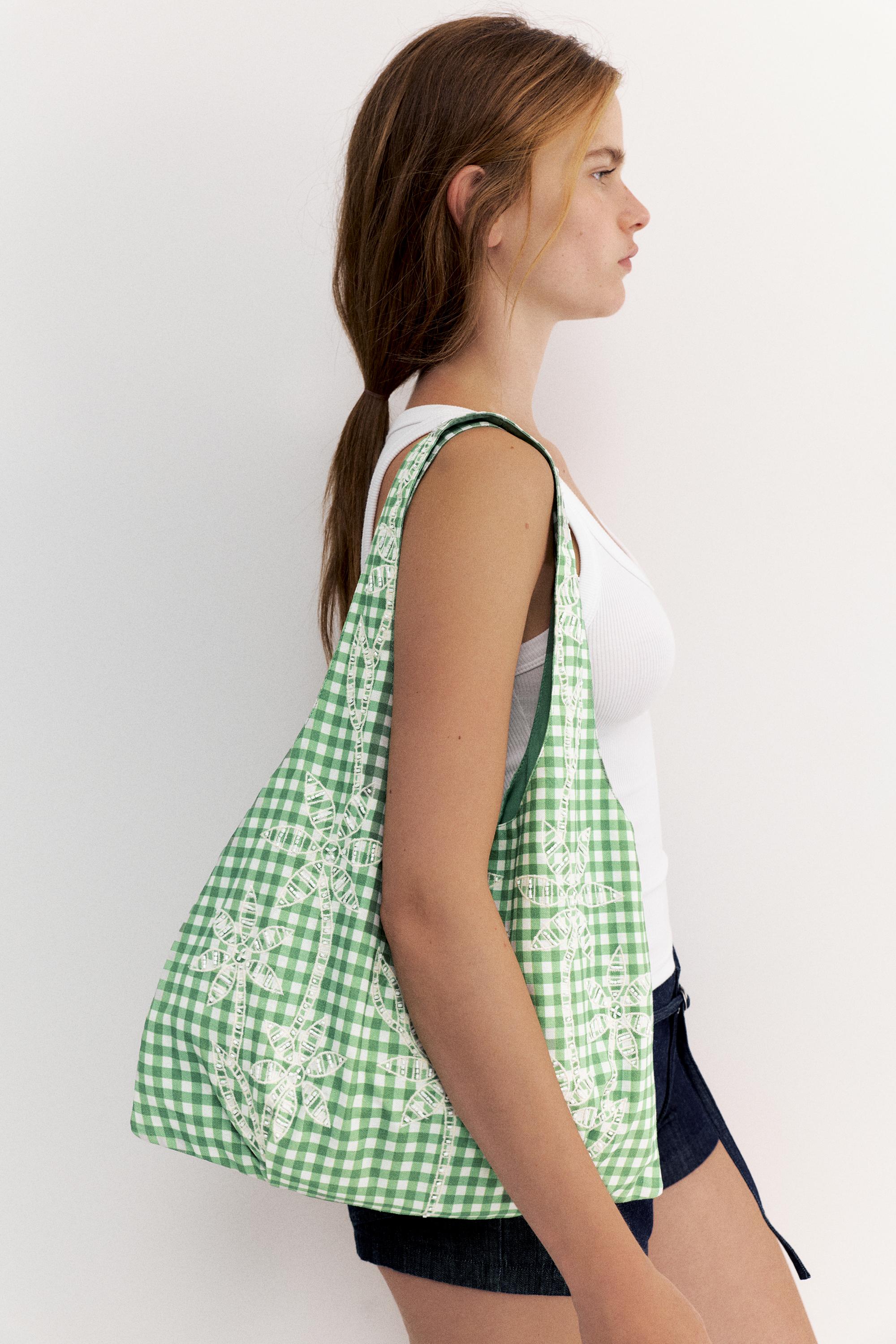 Palm tree gingham tote bag — Green