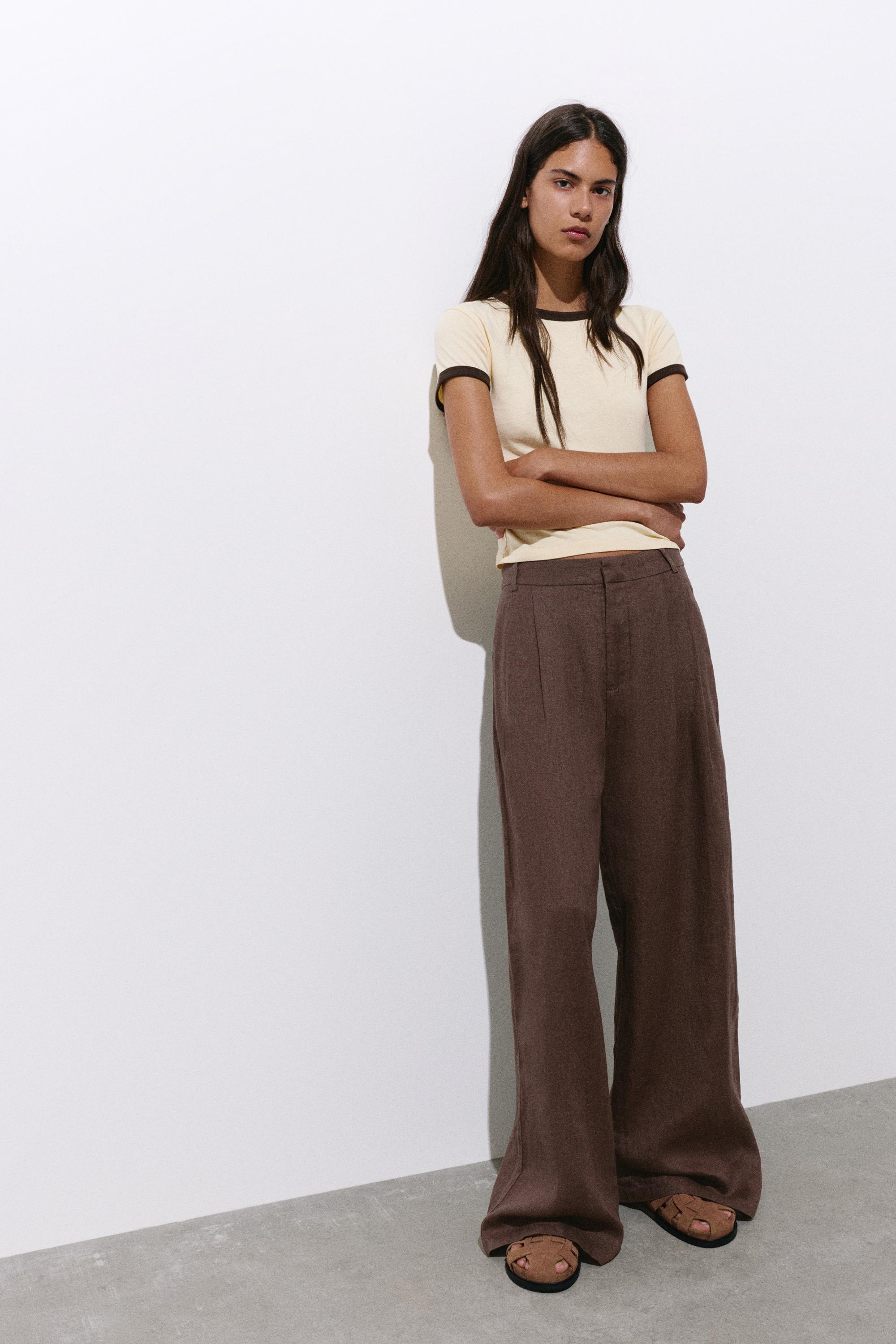 Wide-leg 100% linen trousers — Taupe