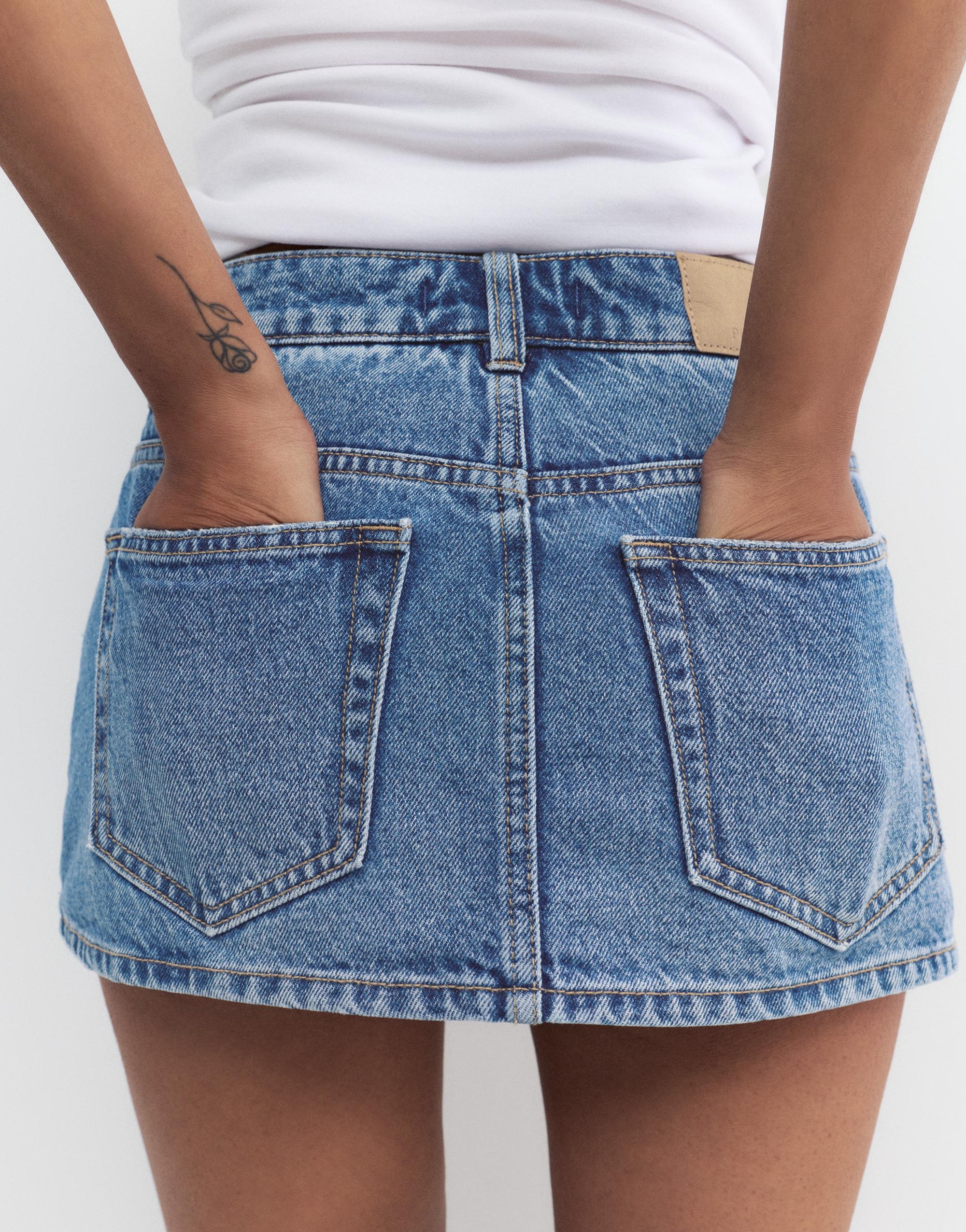 Cross-waist denim skort — Medium blue