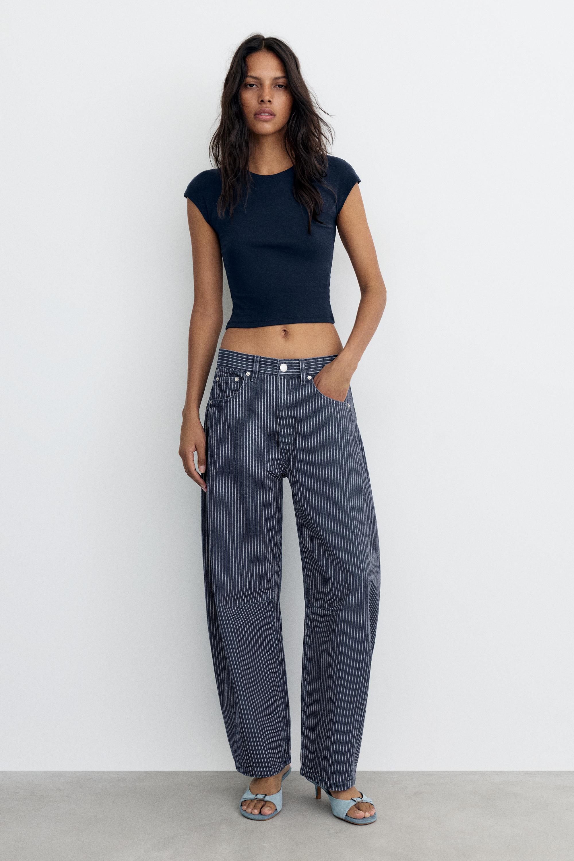 Striped balloon jeans with seams — Medium blue