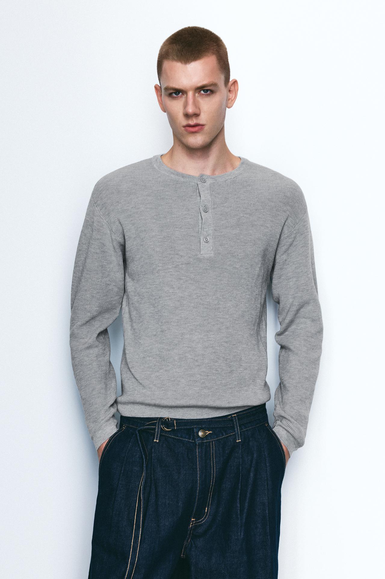 Henley collar jumper — Grey marl
