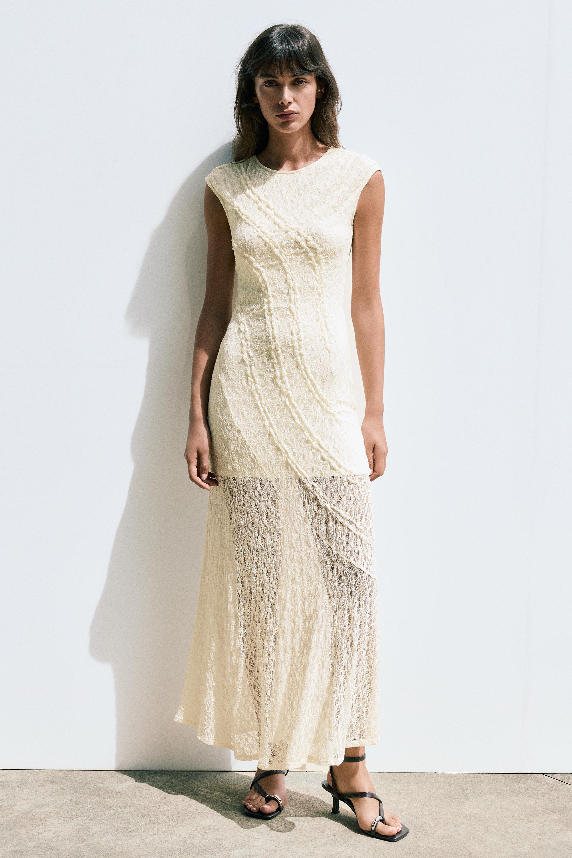 Fitted lace midi dress — Ecru