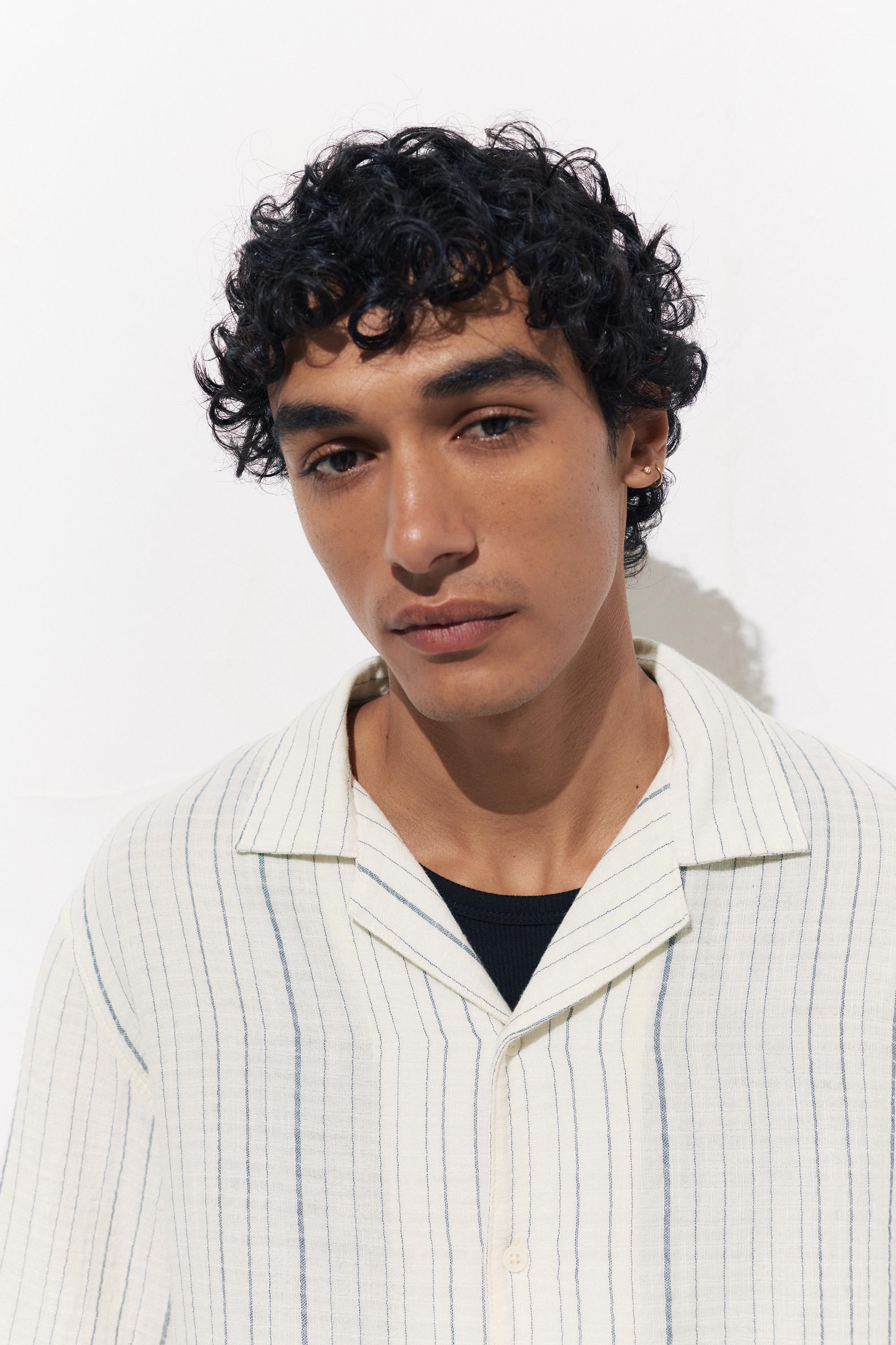 Short sleeve striped crepe shirt — White/Navy