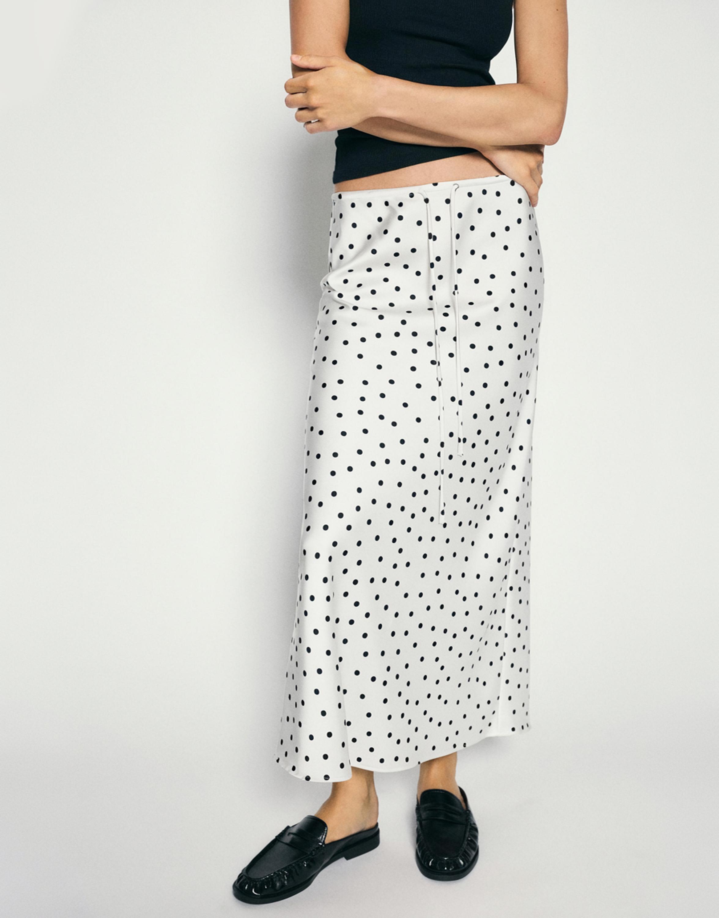 Satin drawstring midi skirt — Ecru/Black