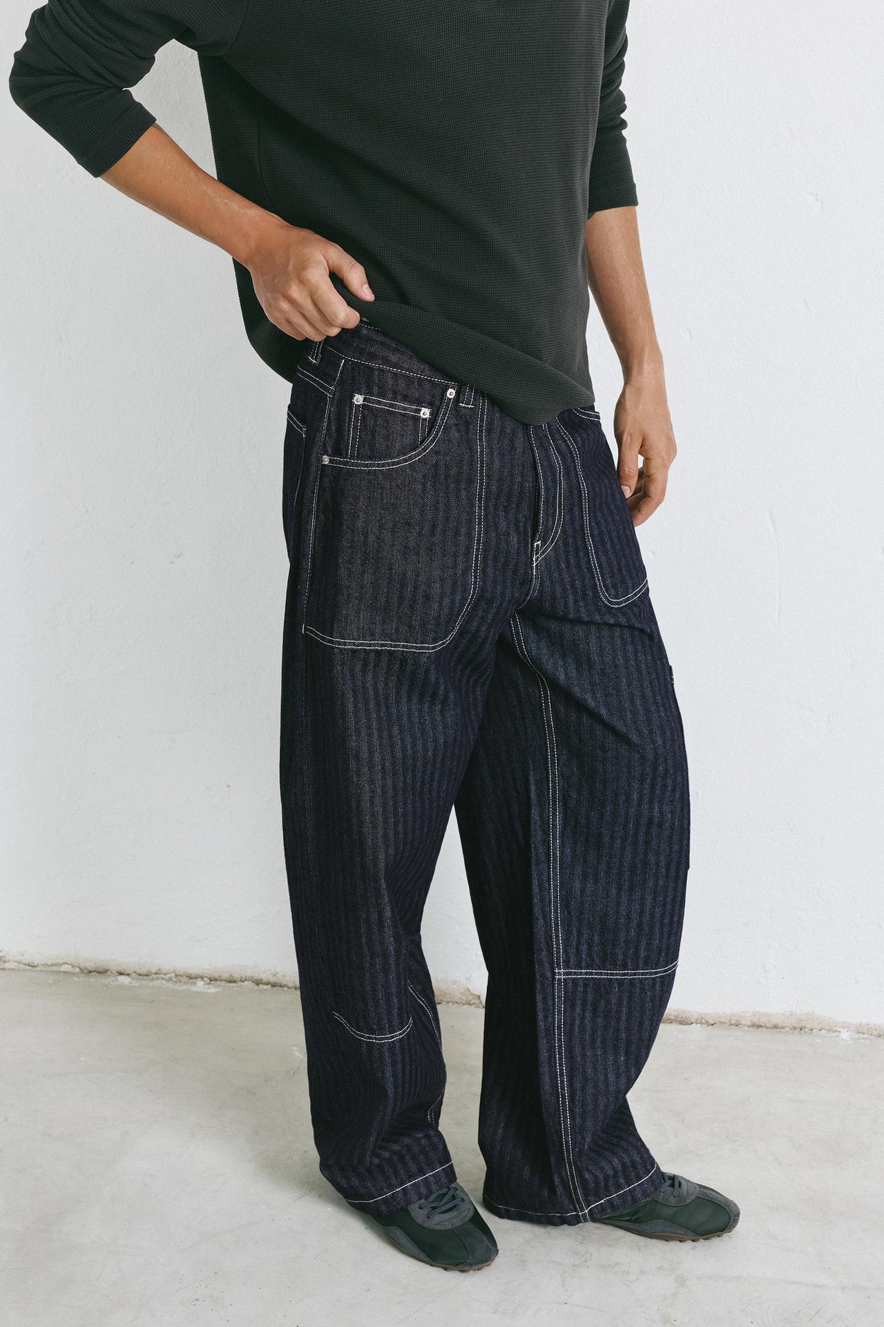 Striped relaxed-fit cargo jeans — Navy