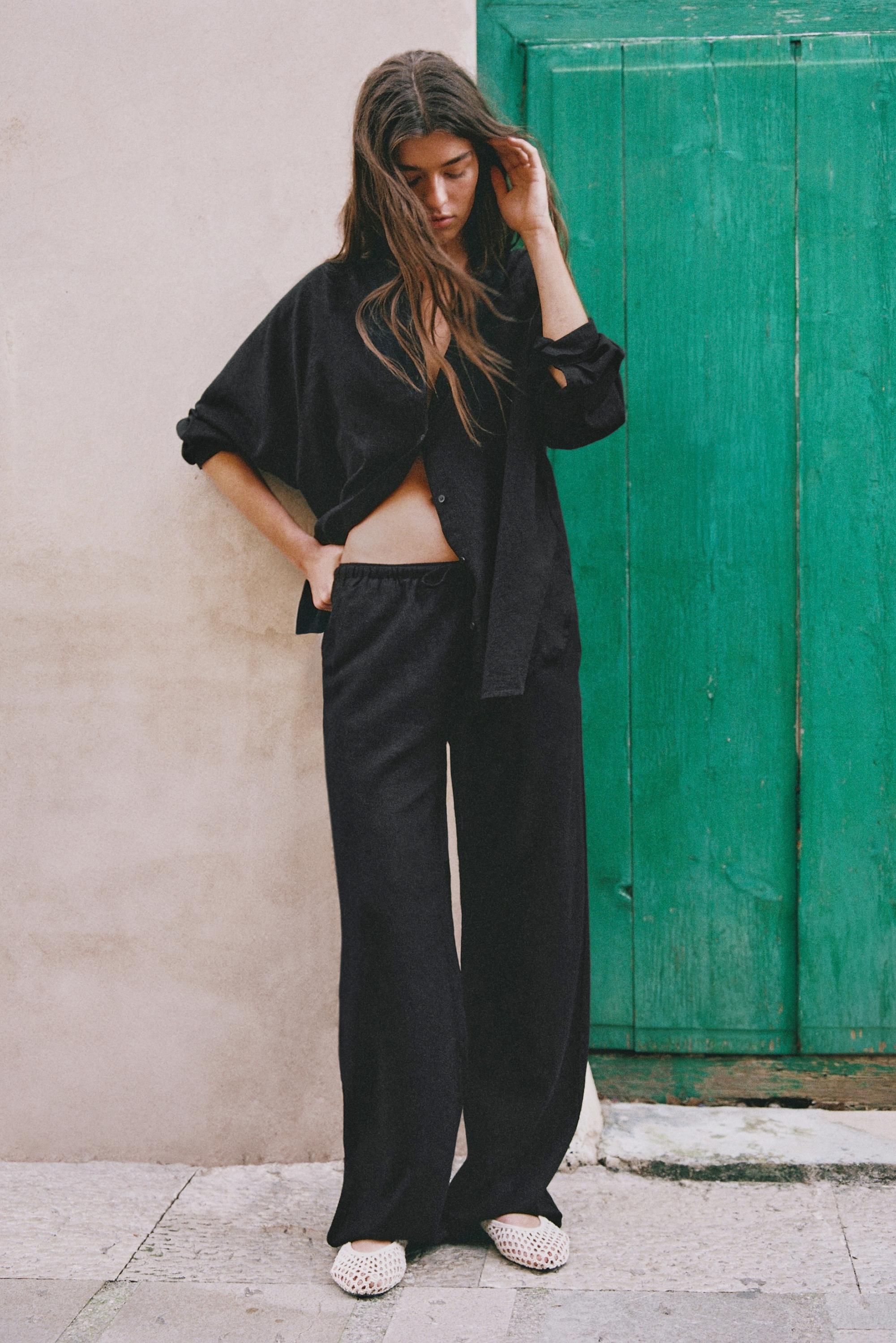 Flowy trousers with linen — Black