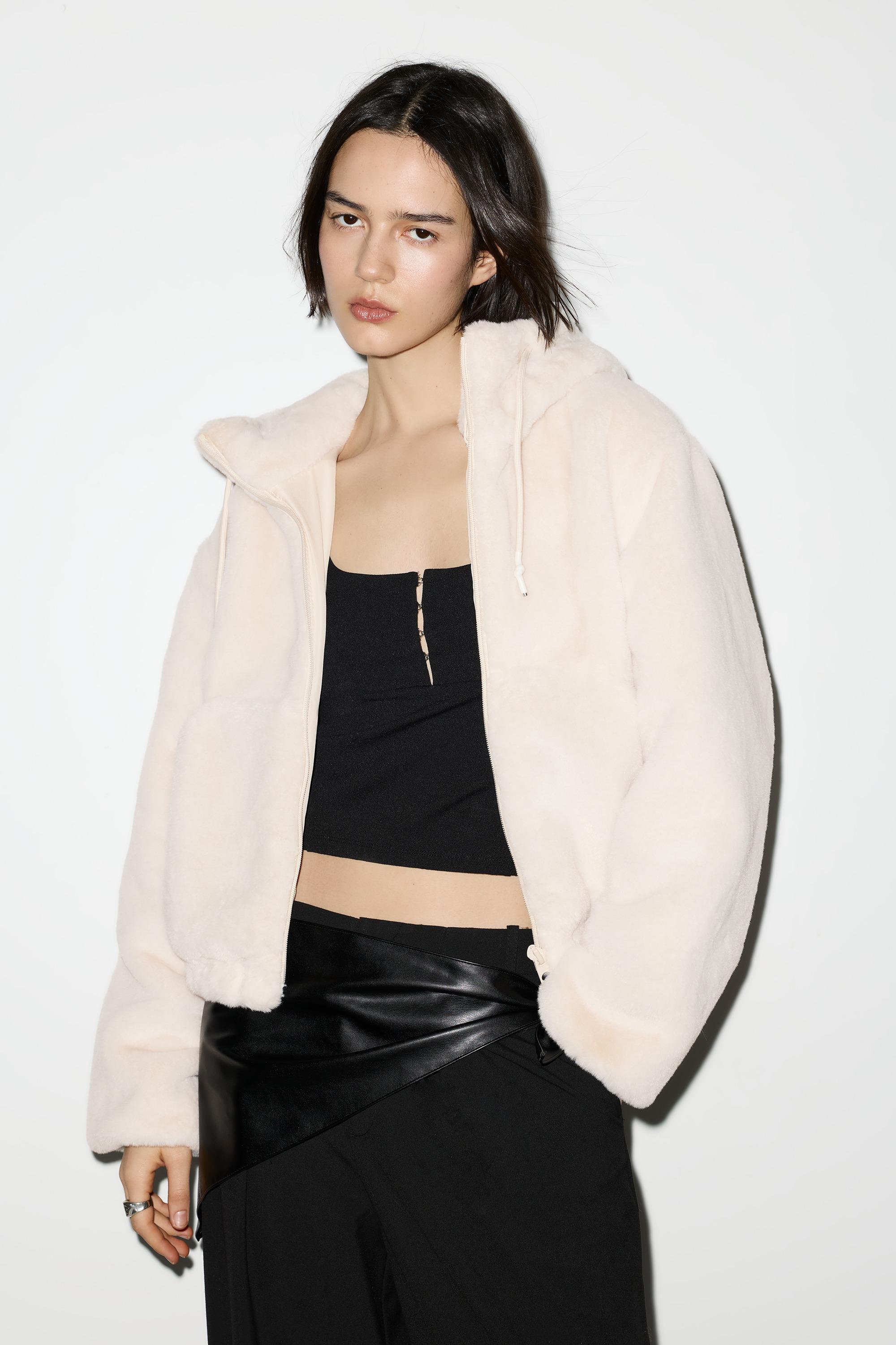 Faux fur hooded jacket — Ecru
