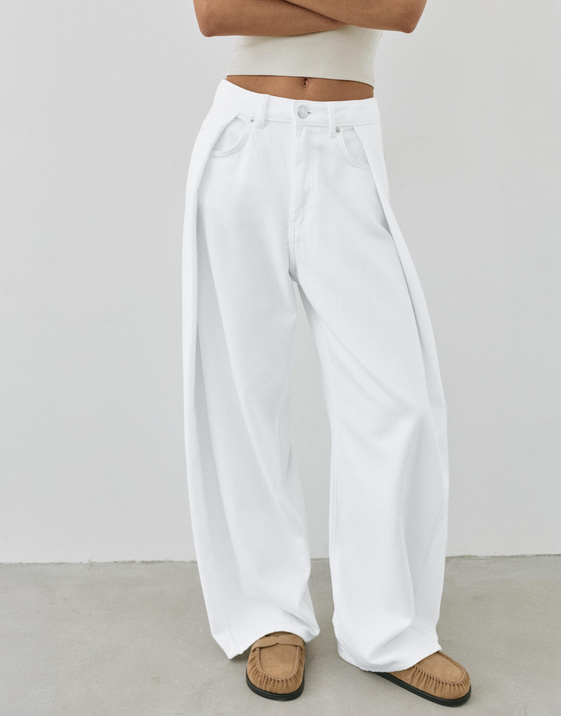 Pleated balloon fit baggy jeans — White