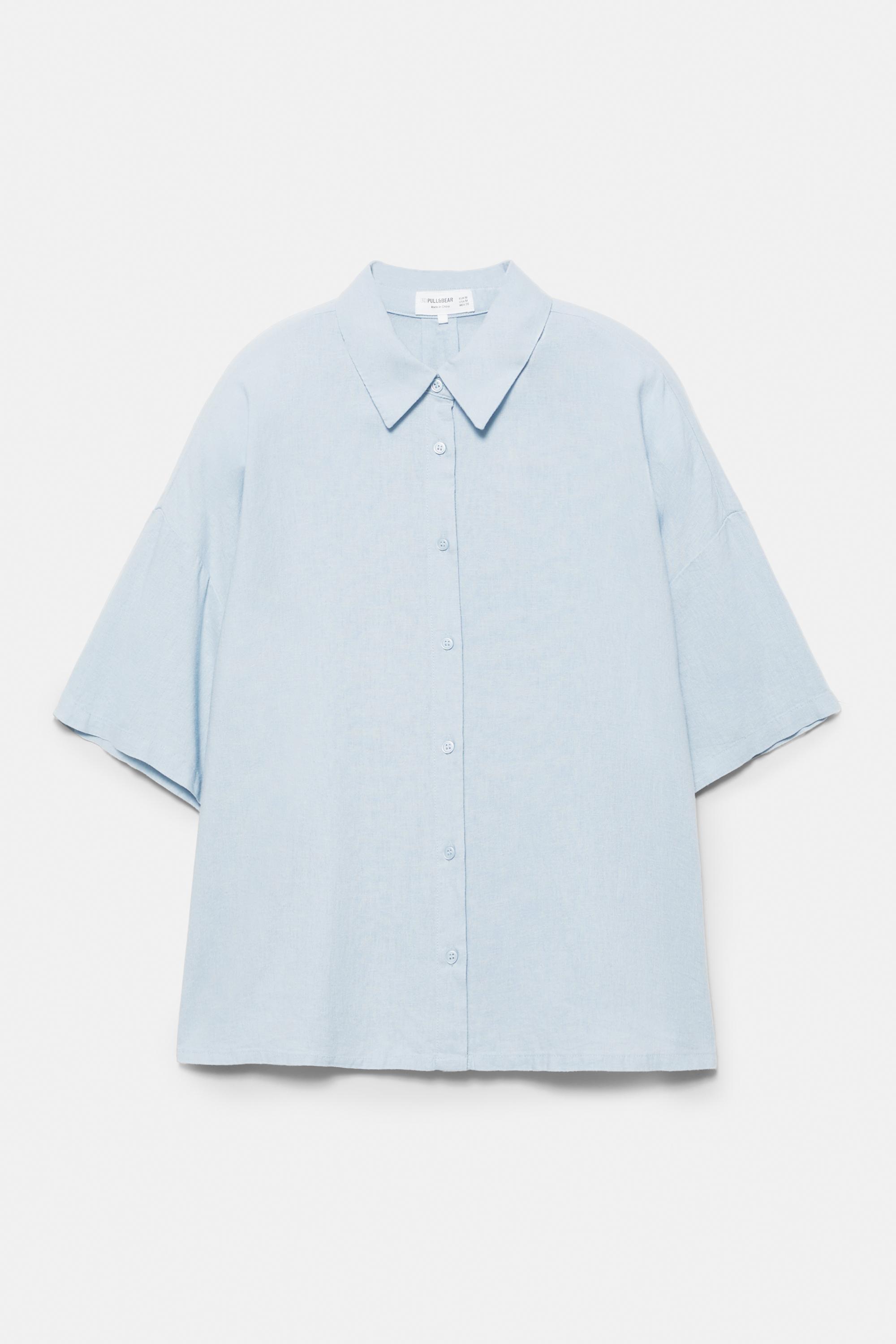 Short sleeve linen blend shirt — Sky blue